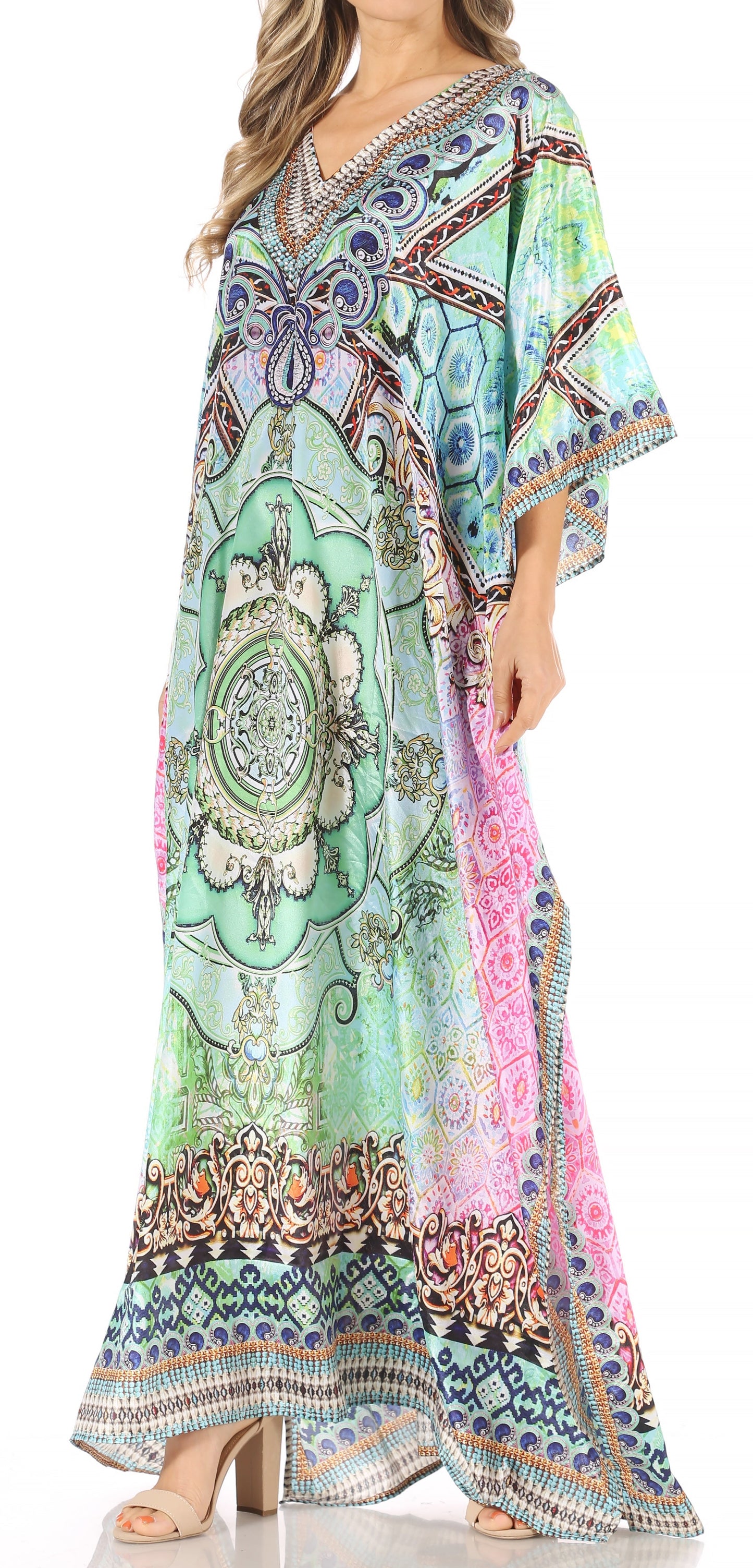 Sakkas Anahi Flowy Design V Neck Long Caftan Dress / Cover Up With Rhinestone - Concordia Style Boutique