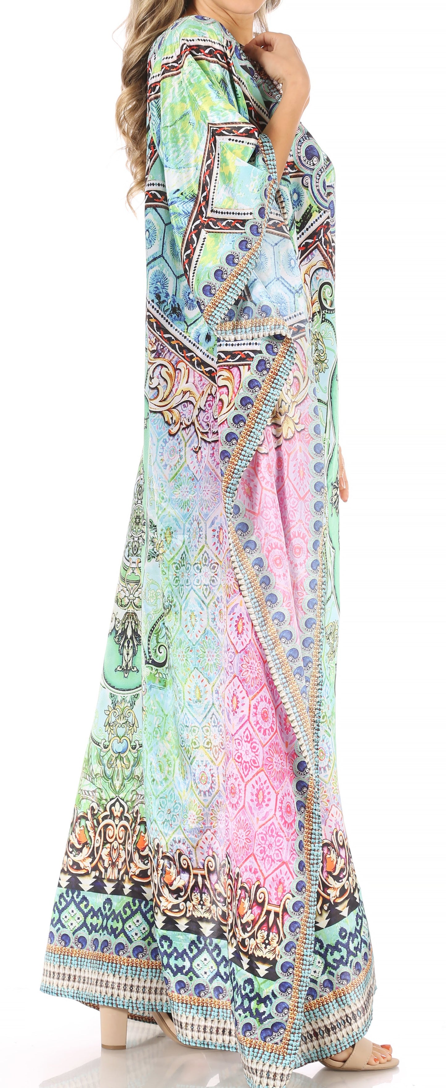Sakkas Anahi Flowy Design V Neck Long Caftan Dress / Cover Up With Rhinestone - Concordia Style Boutique