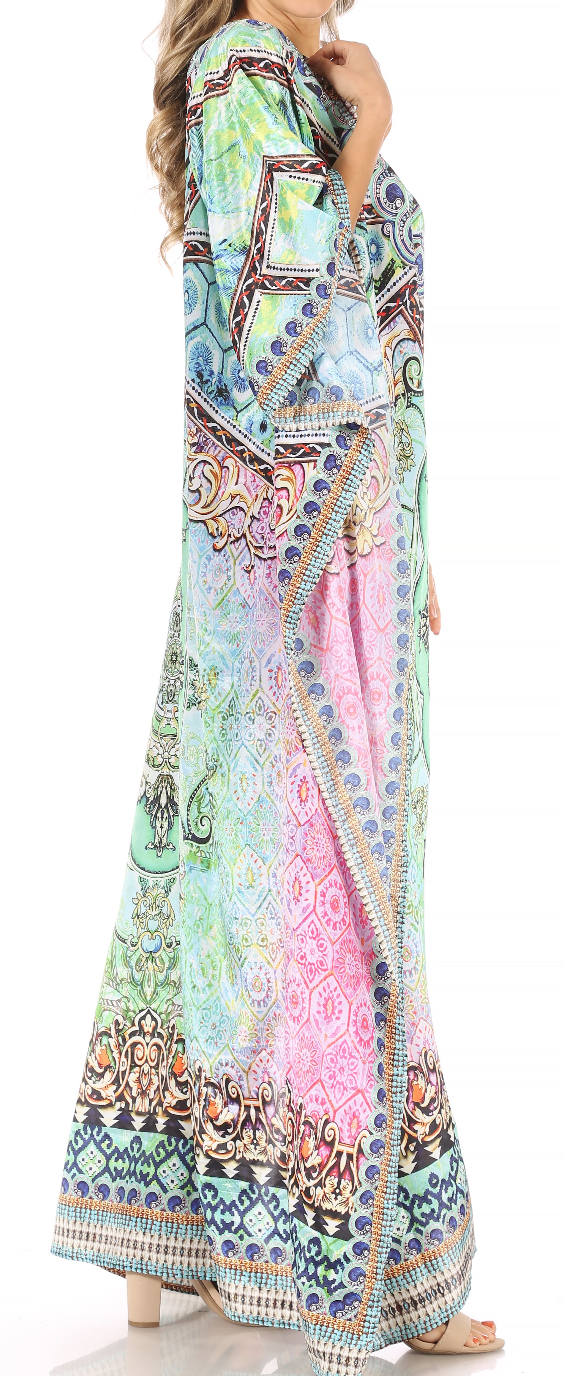 Sakkas Anahi Flowy Design V Neck Long Caftan Dress / Cover Up With Rhinestone - Concordia Style Boutique
