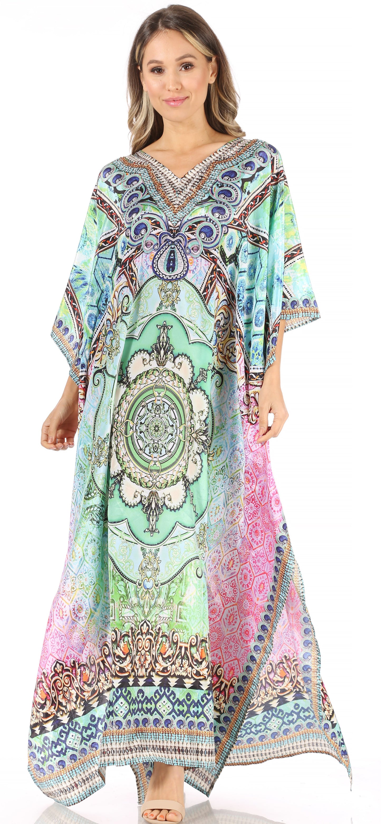 Sakkas Anahi Flowy Design V Neck Long Caftan Dress / Cover Up With Rhinestone - Concordia Style Boutique