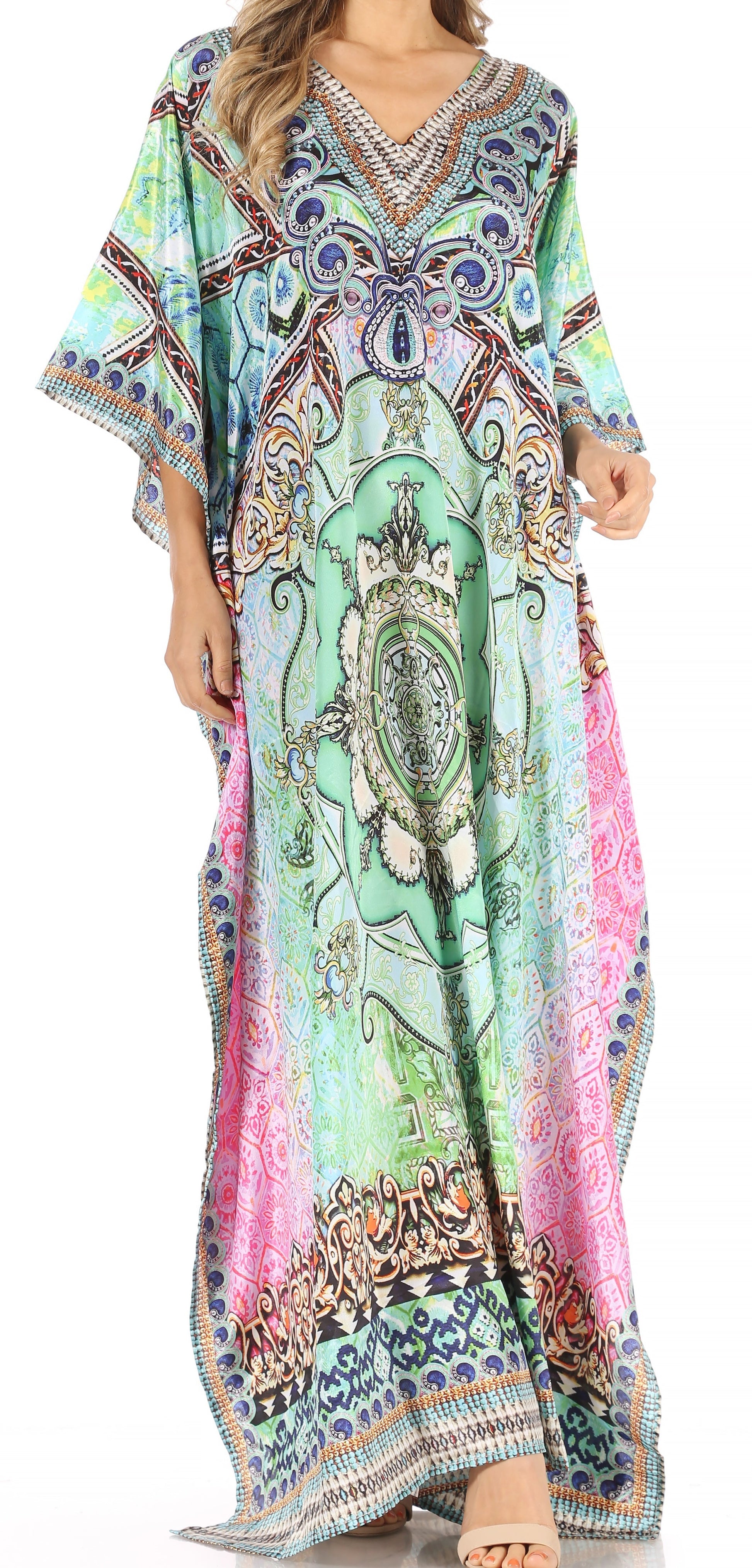 Sakkas Anahi Flowy Design V Neck Long Caftan Dress / Cover Up With Rhinestone - Concordia Style Boutique