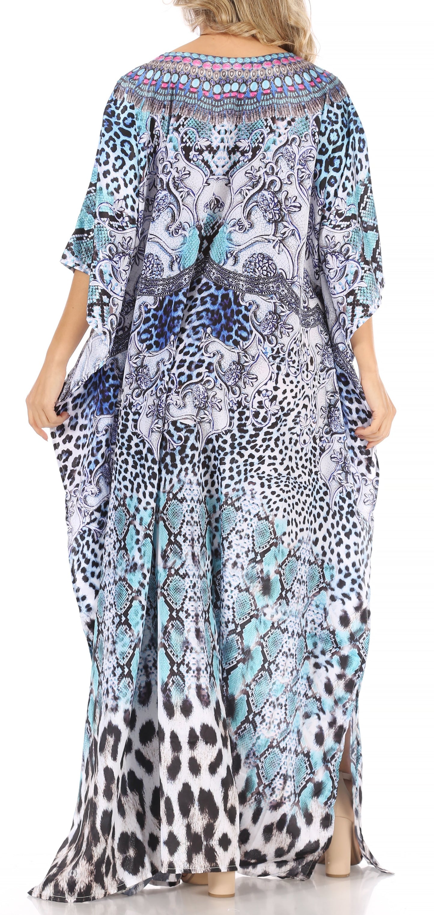 Sakkas Anahi Flowy Design V Neck Long Caftan Dress / Cover Up With Rhinestone - Concordia Style Boutique