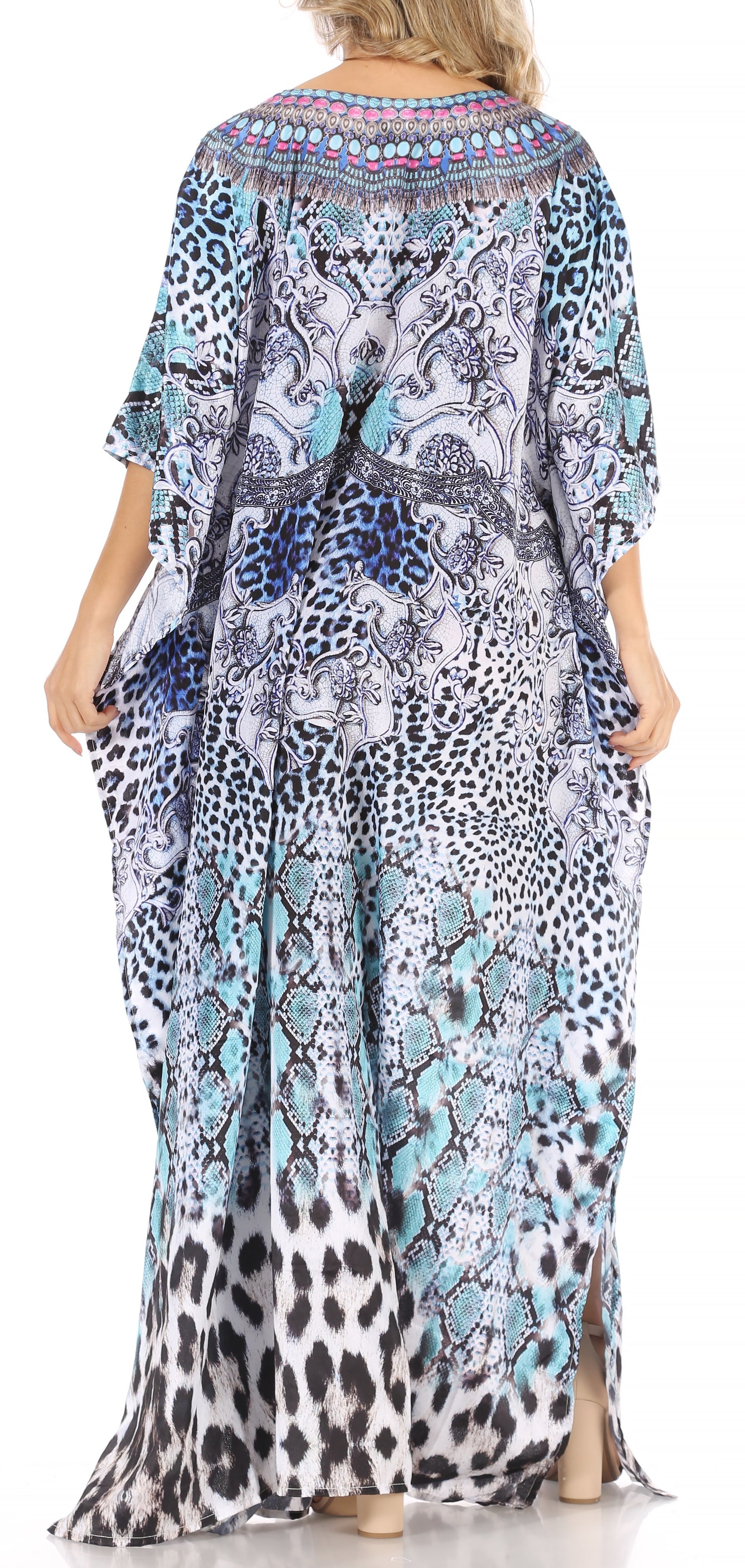 Sakkas Anahi Flowy Design V Neck Long Caftan Dress / Cover Up With Rhinestone - Concordia Style Boutique