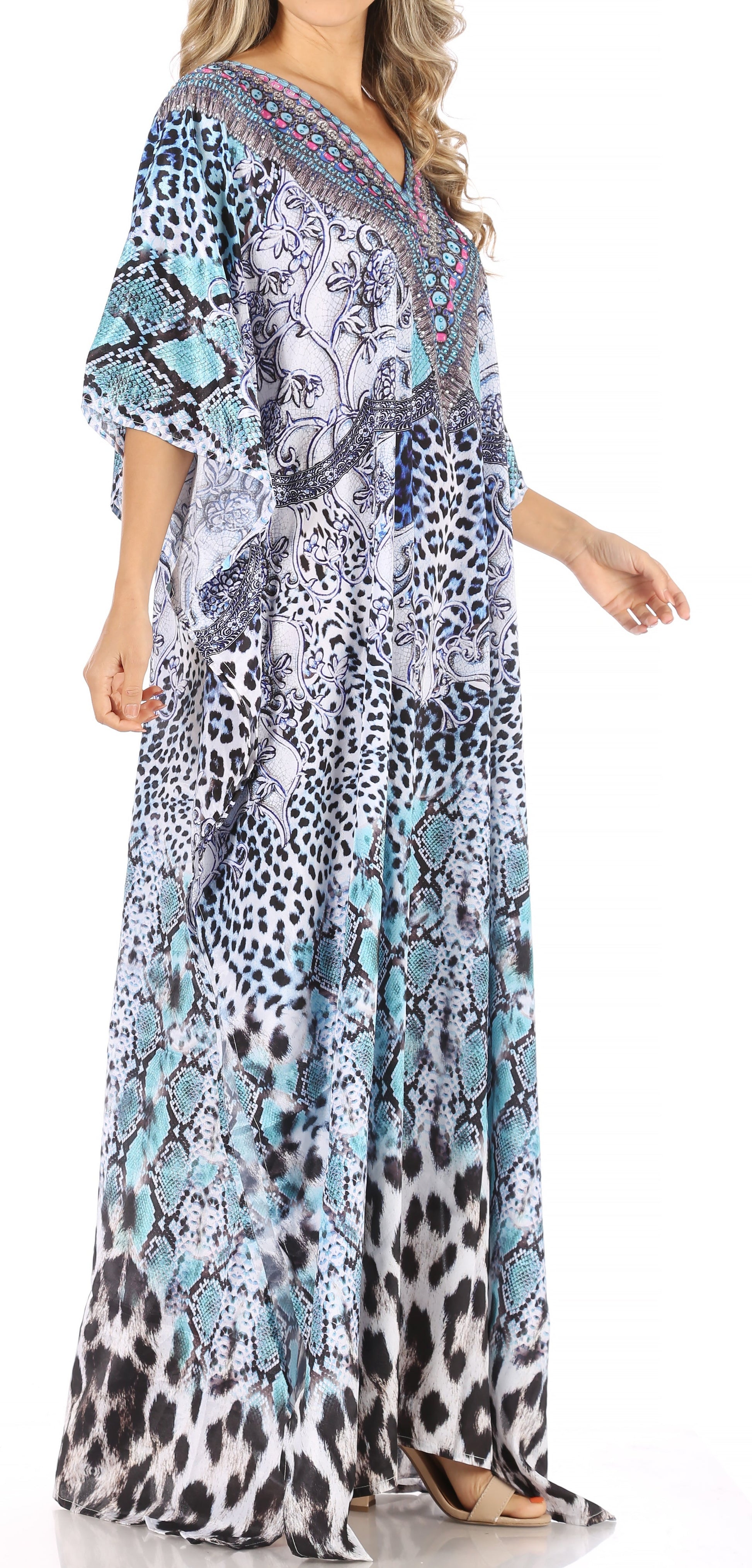Sakkas Anahi Flowy Design V Neck Long Caftan Dress / Cover Up With Rhinestone - Concordia Style Boutique