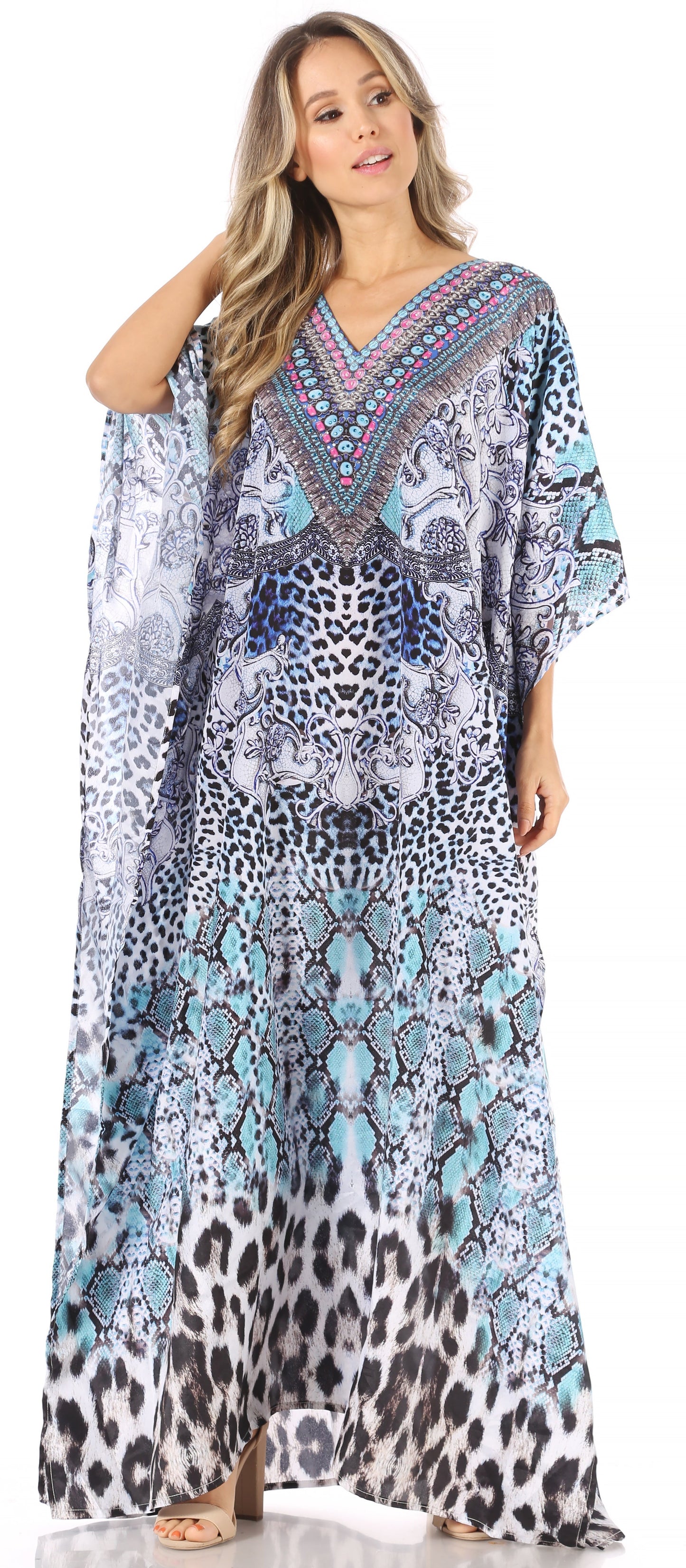 Sakkas Anahi Flowy Design V Neck Long Caftan Dress / Cover Up With Rhinestone - Concordia Style Boutique