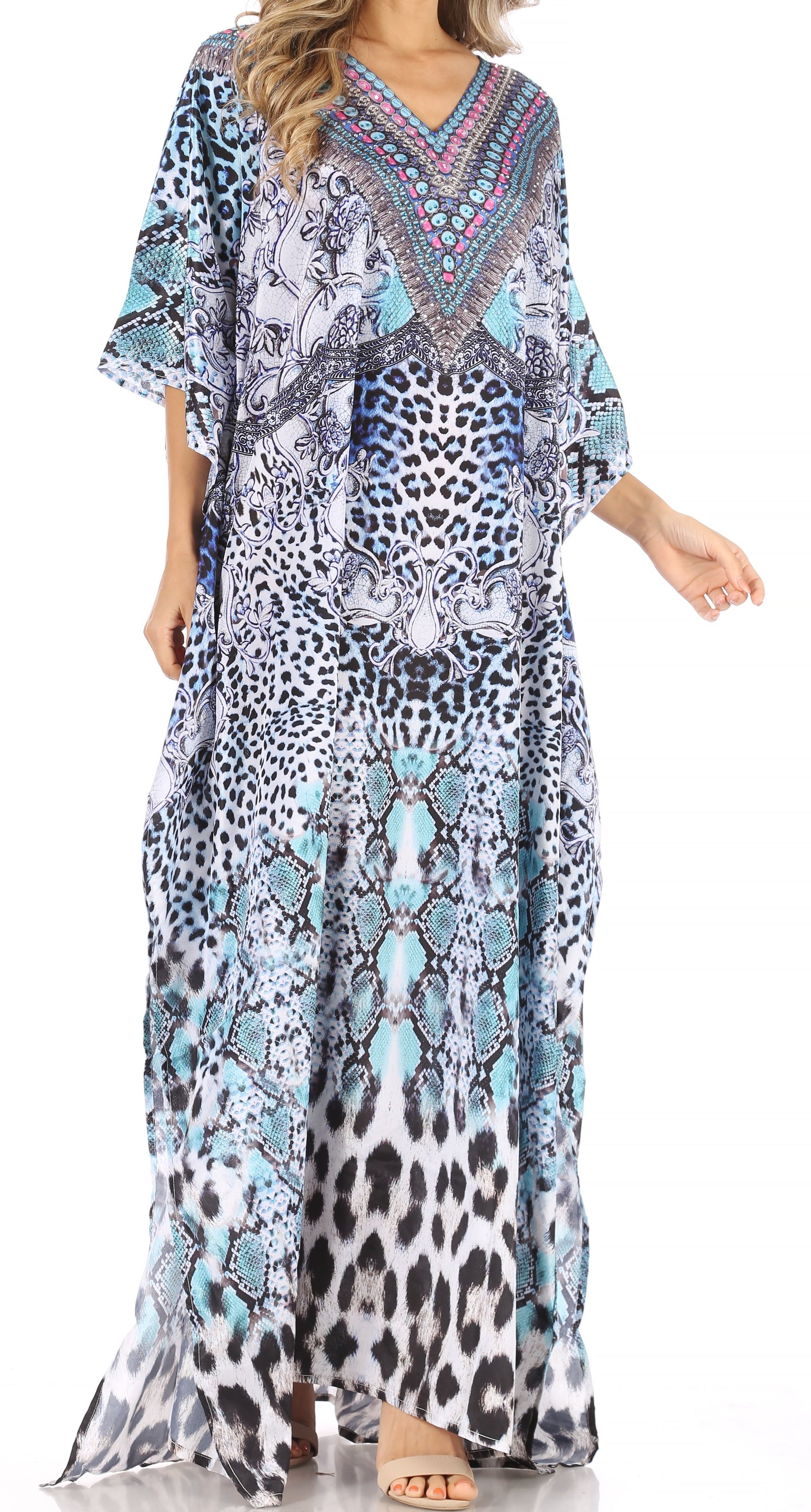 Sakkas Anahi Flowy Design V Neck Long Caftan Dress / Cover Up With Rhinestone - Concordia Style Boutique