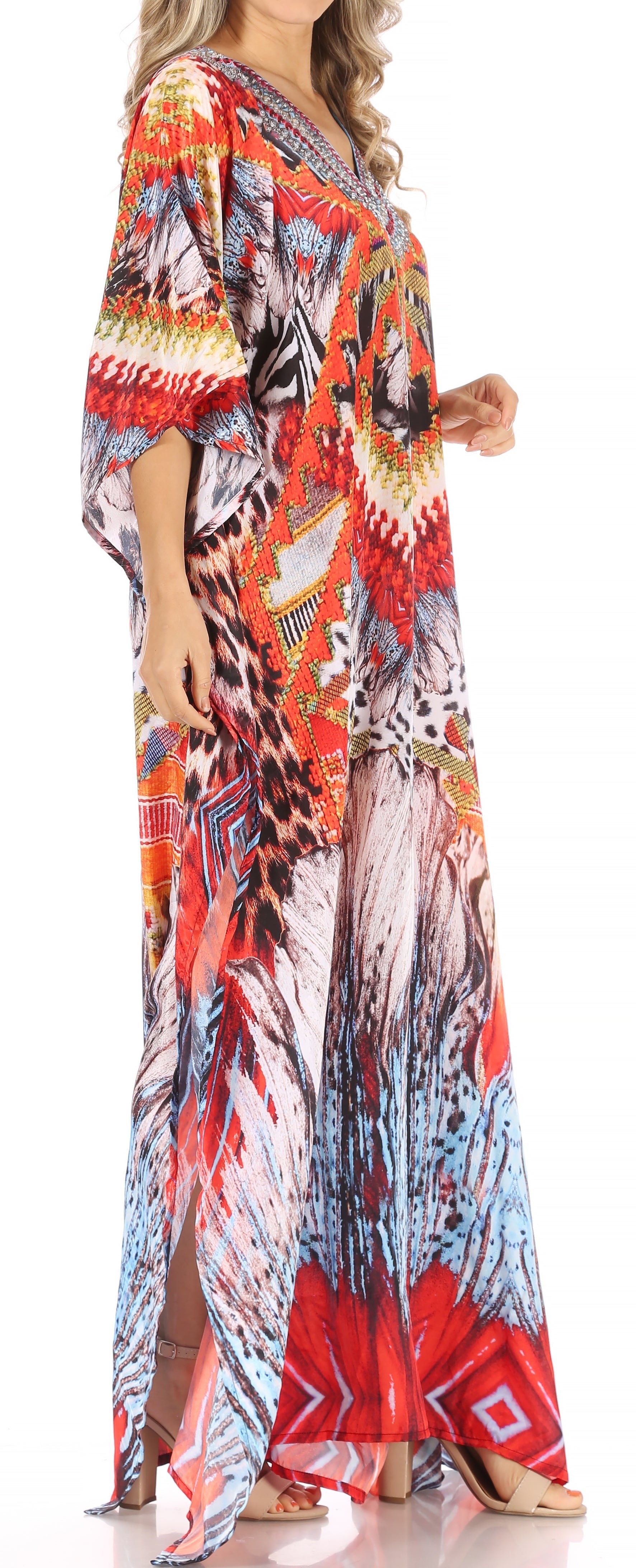 Sakkas Anahi Flowy Design V Neck Long Caftan Dress / Cover Up With Rhinestone - Concordia Style Boutique