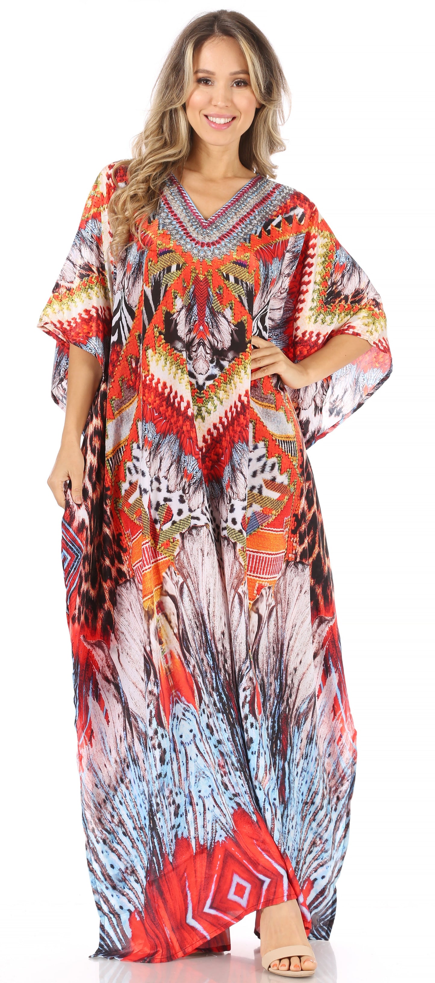 Sakkas Anahi Flowy Design V Neck Long Caftan Dress / Cover Up With Rhinestone - Concordia Style Boutique