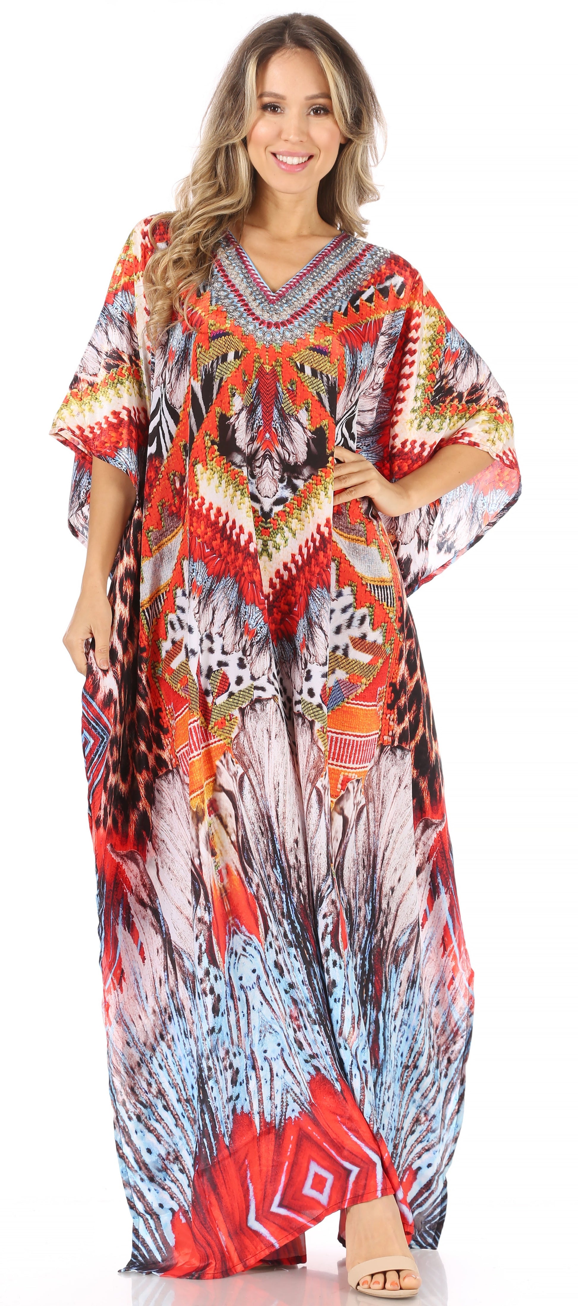 Sakkas Anahi Flowy Design V Neck Long Caftan Dress / Cover Up With Rhinestone - Concordia Style Boutique
