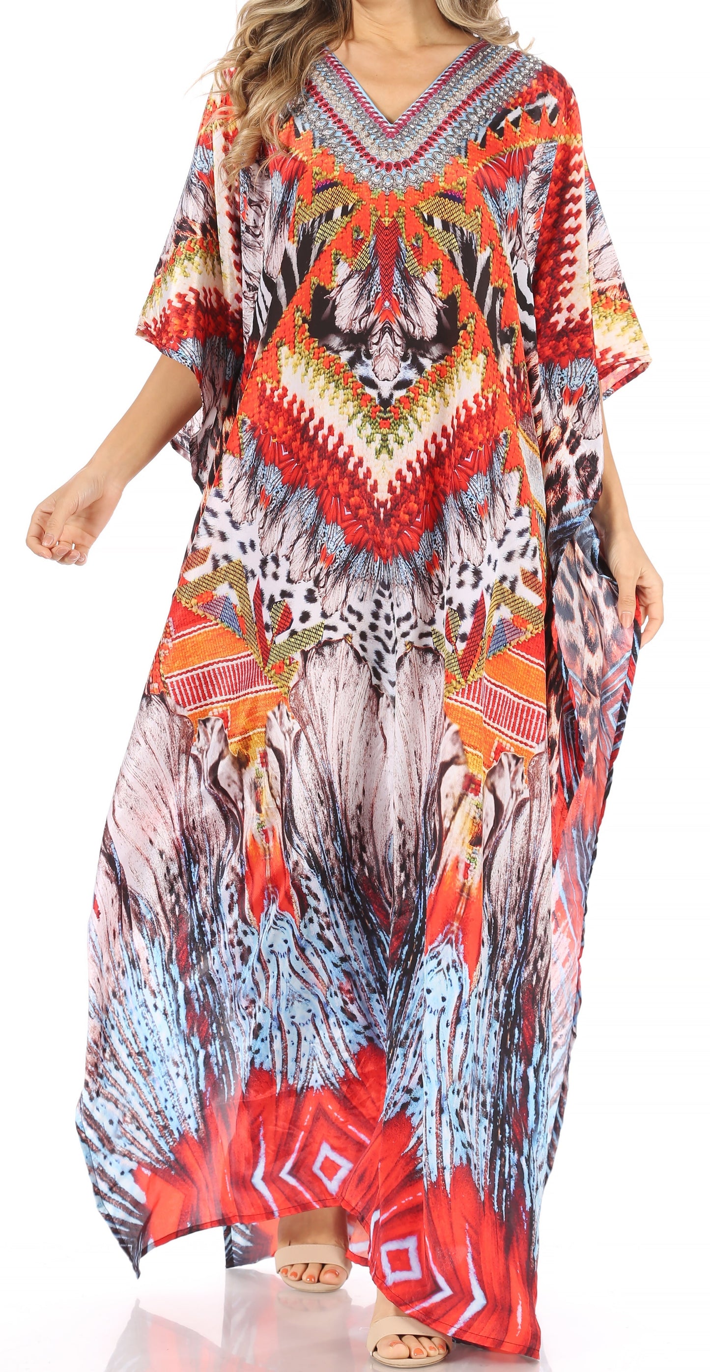 Sakkas Anahi Flowy Design V Neck Long Caftan Dress / Cover Up With Rhinestone - Concordia Style Boutique