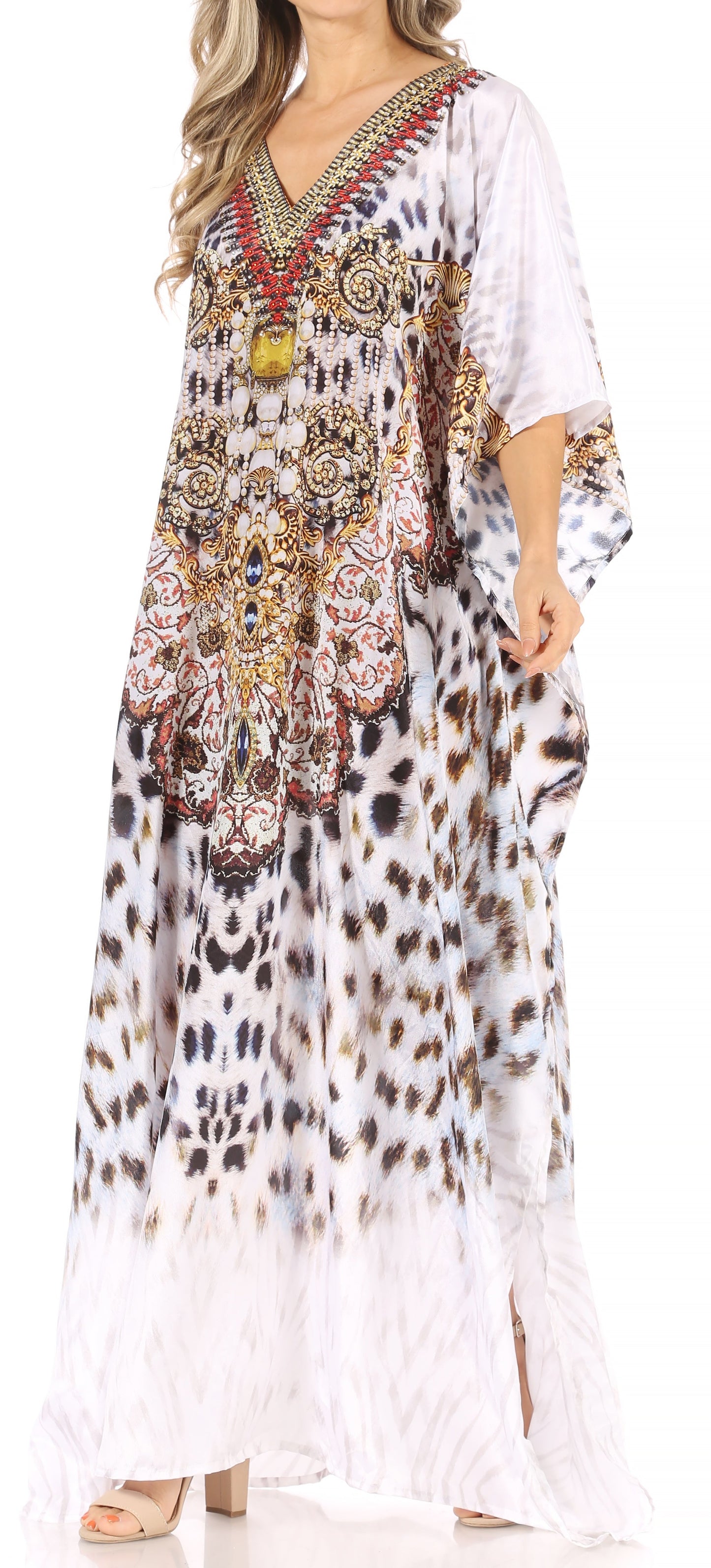 Sakkas Anahi Flowy Design V Neck Long Caftan Dress / Cover Up With Rhinestone - Concordia Style Boutique