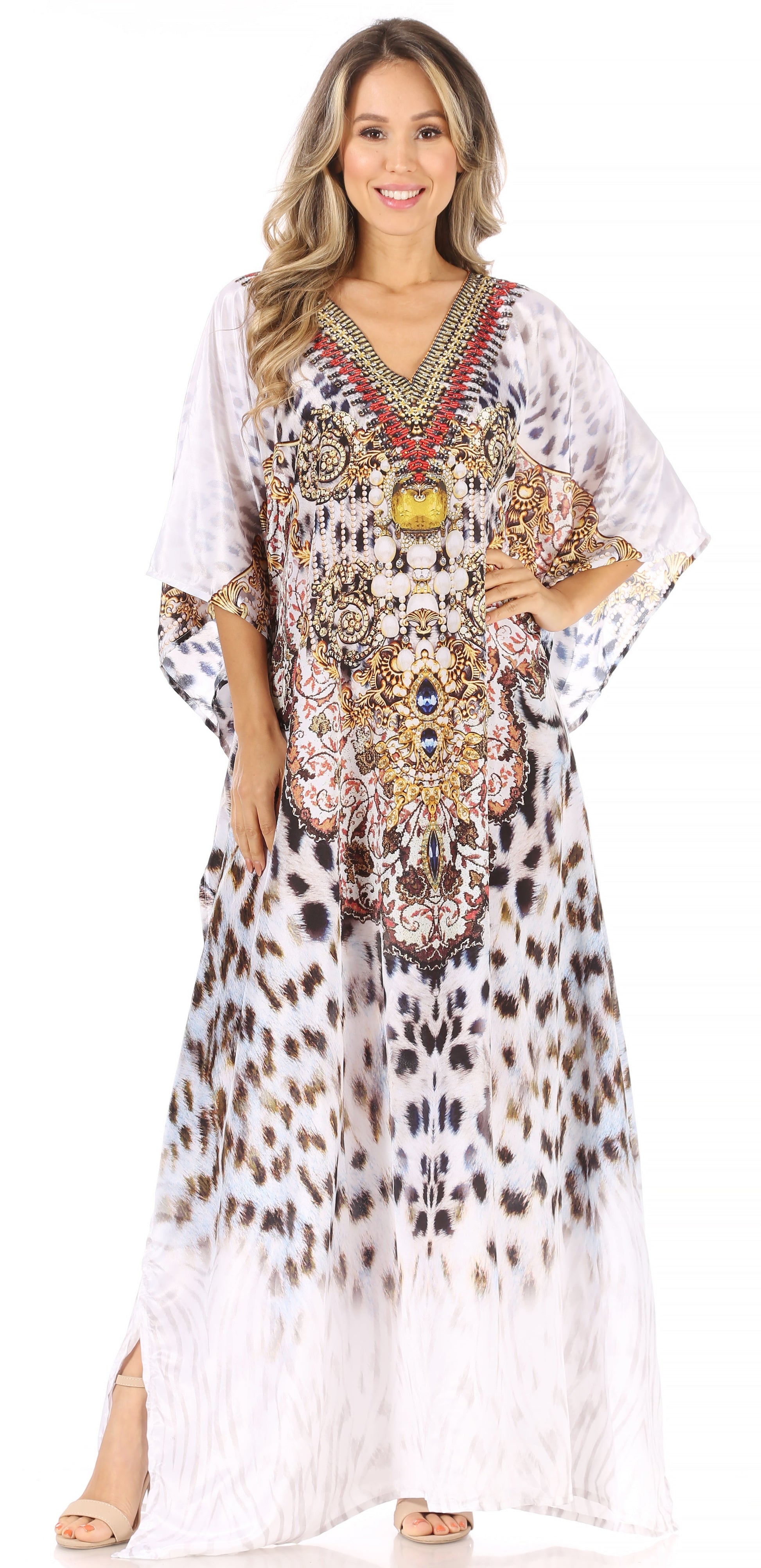 Sakkas Anahi Flowy Design V Neck Long Caftan Dress / Cover Up With Rhinestone - Concordia Style Boutique
