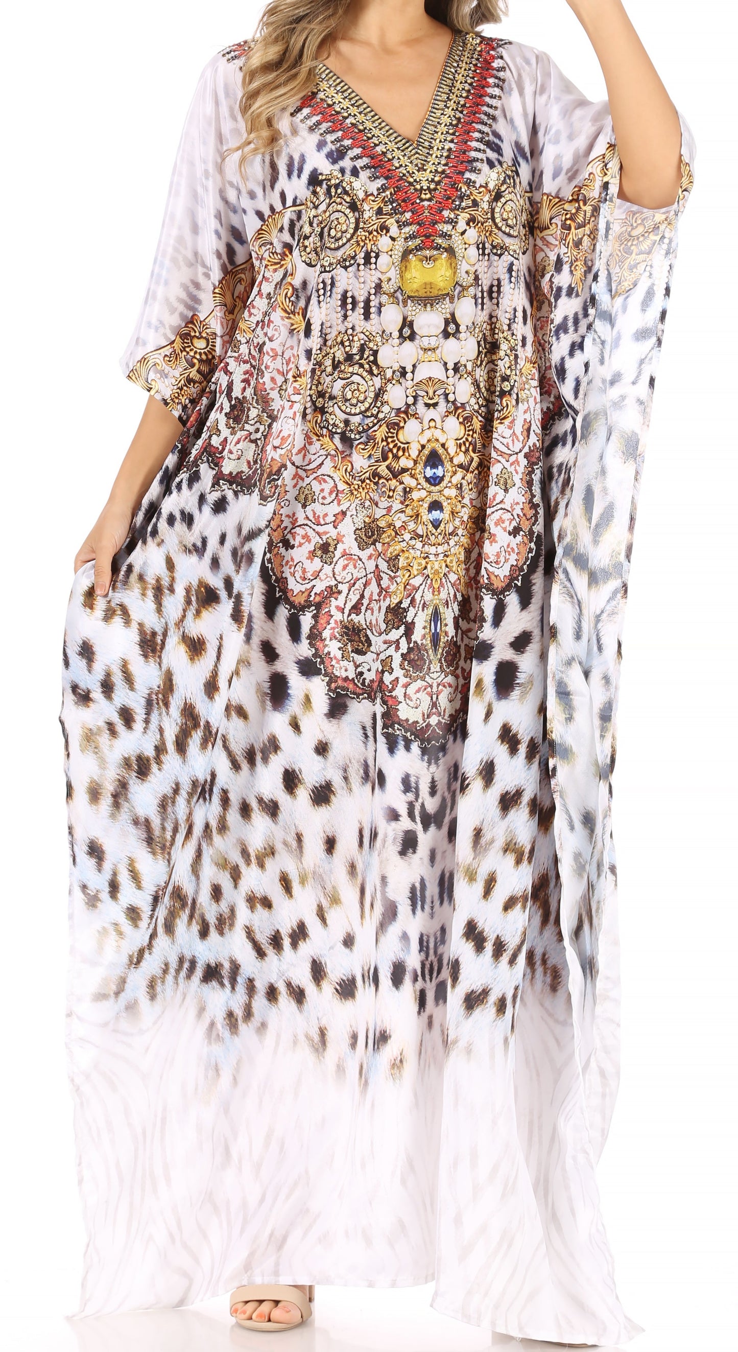 Sakkas Anahi Flowy Design V Neck Long Caftan Dress / Cover Up With Rhinestone - Concordia Style Boutique