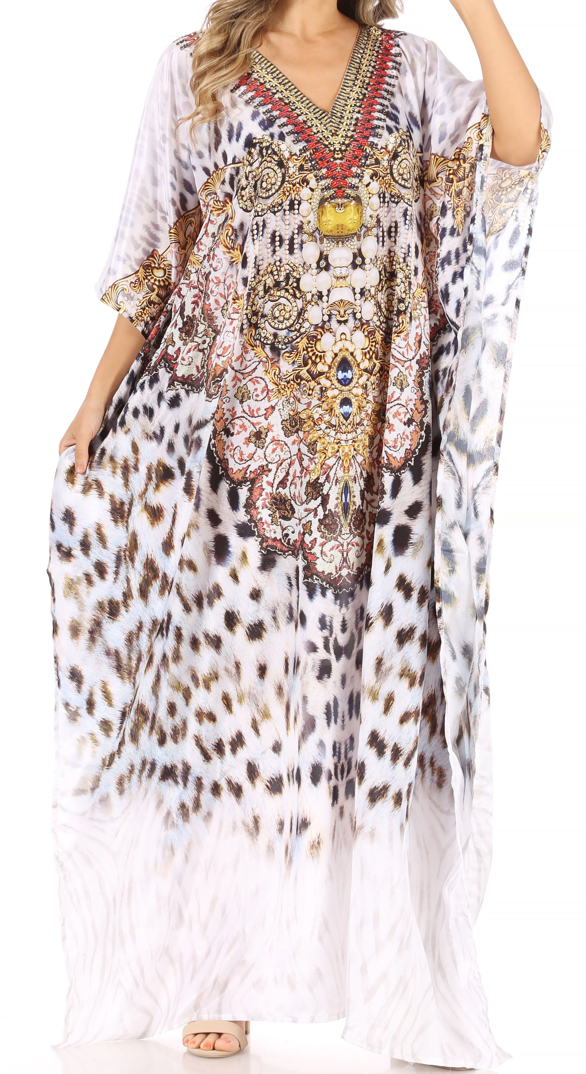 Sakkas Anahi Flowy Design V Neck Long Caftan Dress / Cover Up With Rhinestone - Concordia Style Boutique