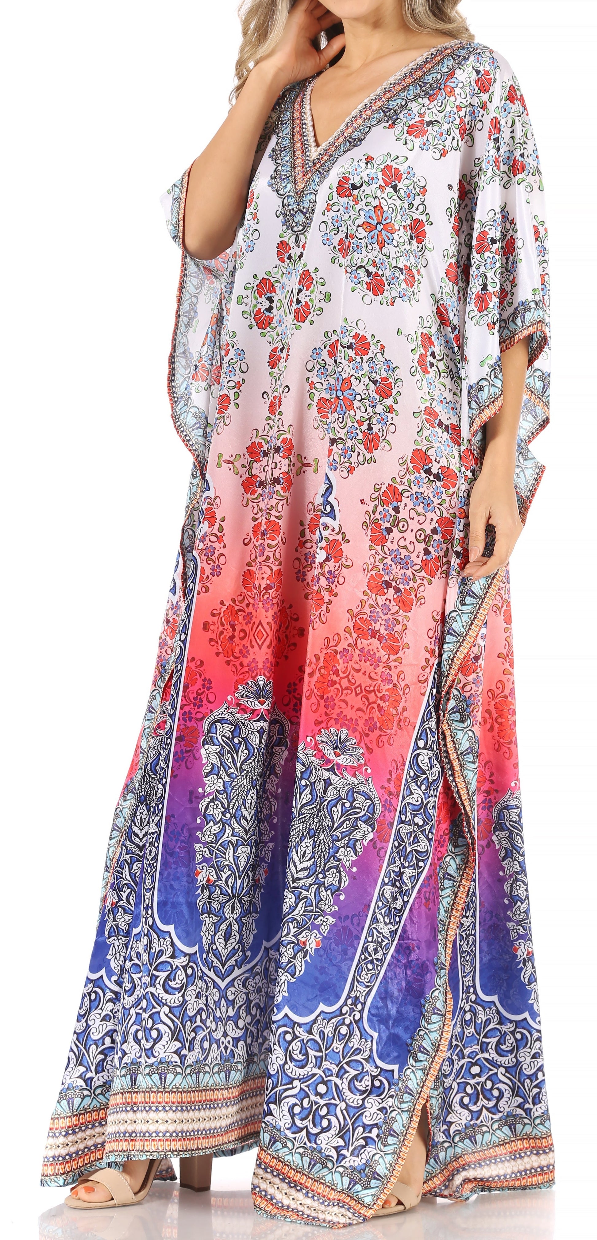 Sakkas Anahi Flowy Design V Neck Long Caftan Dress / Cover Up With Rhinestone - Concordia Style Boutique