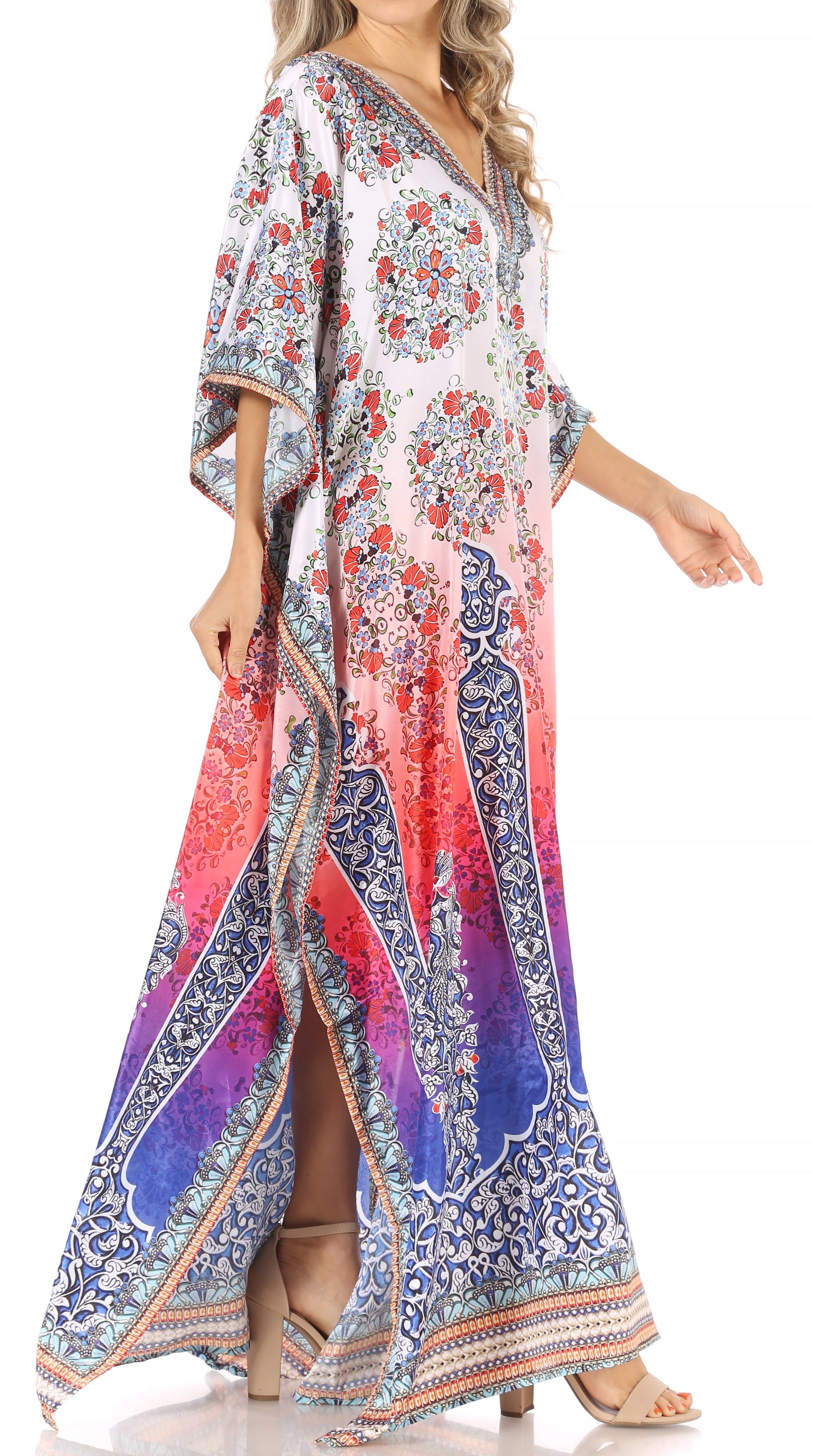 Sakkas Anahi Flowy Design V Neck Long Caftan Dress / Cover Up With Rhinestone - Concordia Style Boutique