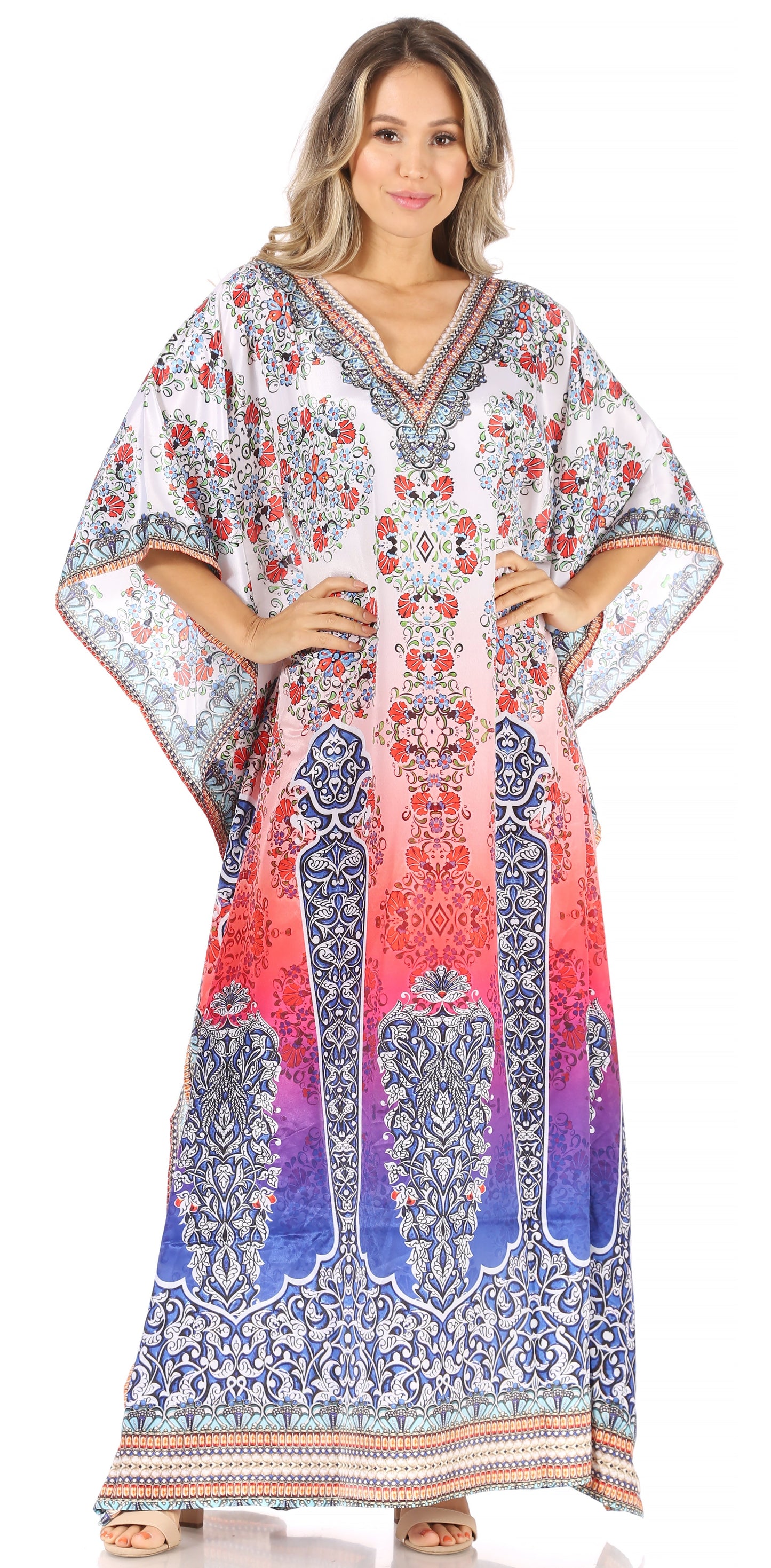 Sakkas Anahi Flowy Design V Neck Long Caftan Dress / Cover Up With Rhinestone - Concordia Style Boutique