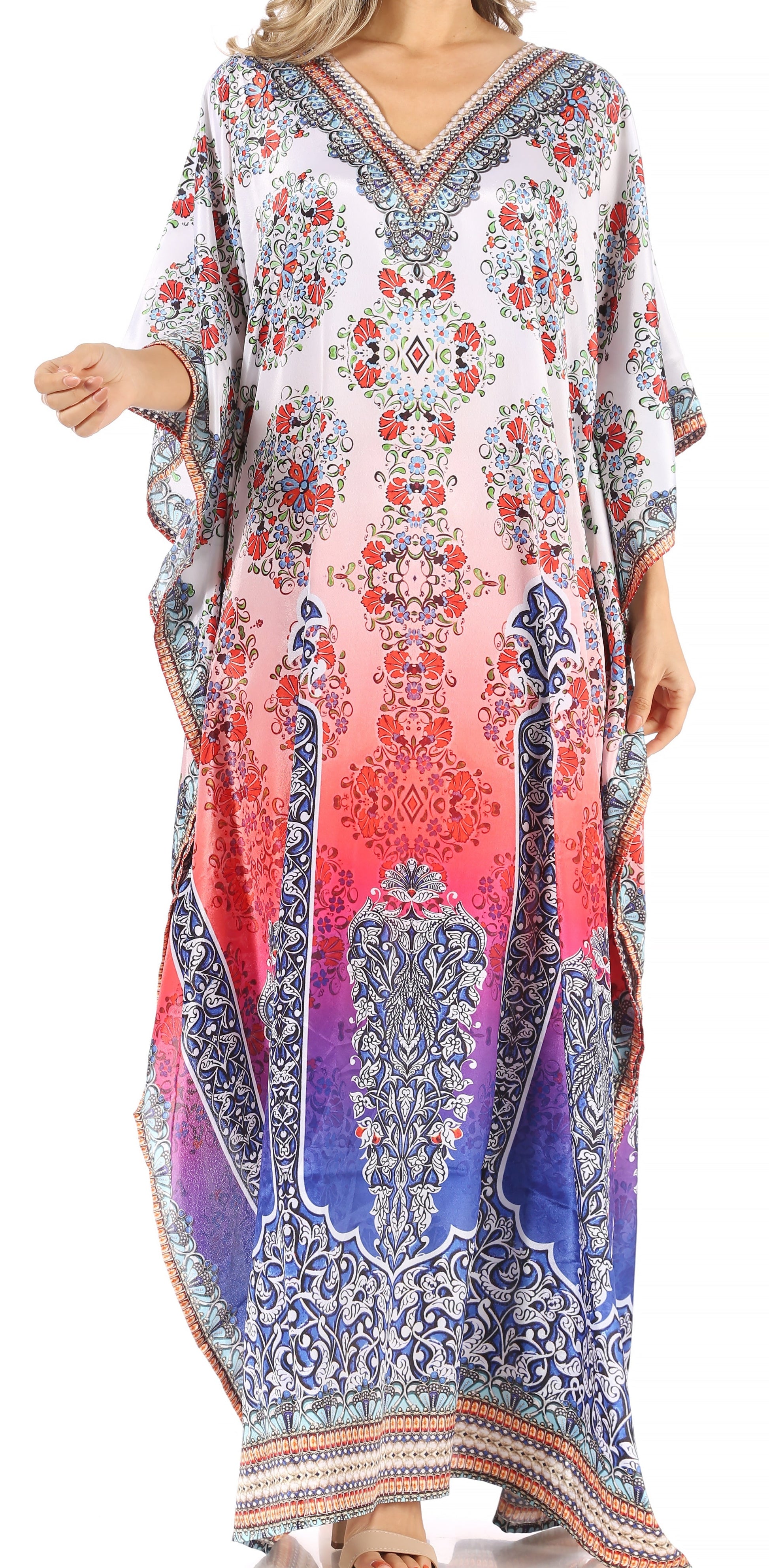 Sakkas Anahi Flowy Design V Neck Long Caftan Dress / Cover Up With Rhinestone - Concordia Style Boutique