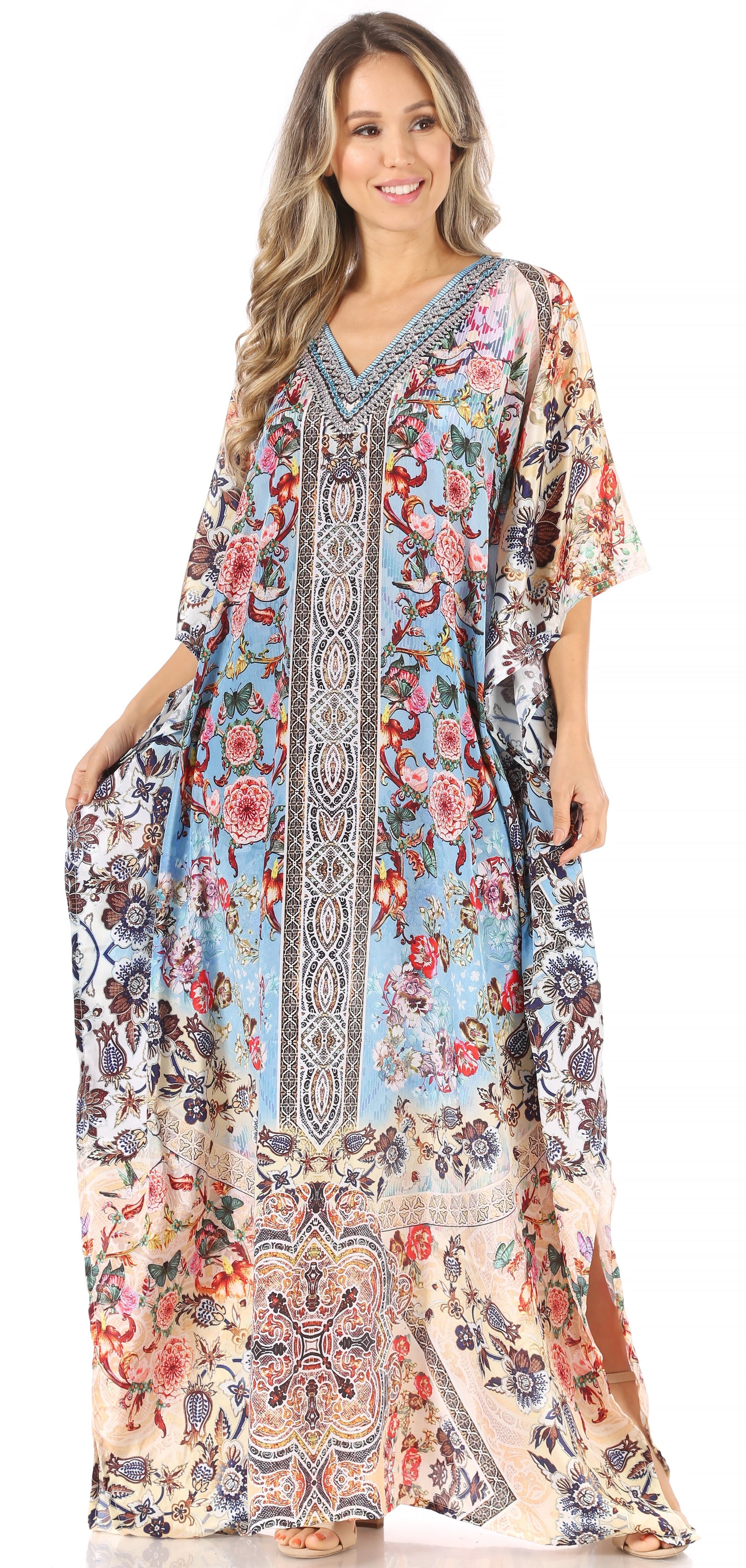 Sakkas Anahi Flowy Design V Neck Long Caftan Dress / Cover Up With Rhinestone - Concordia Style Boutique