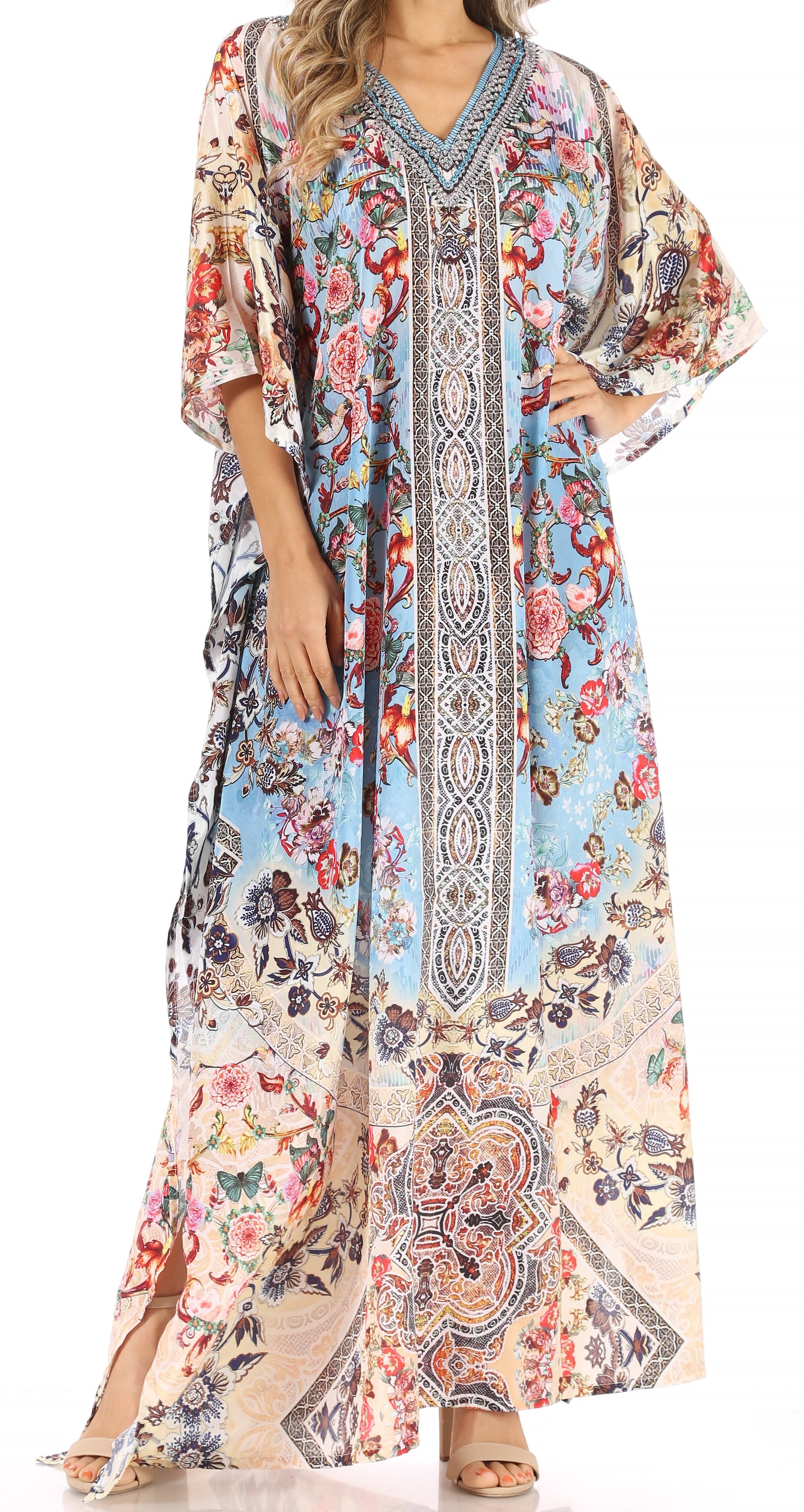 Sakkas Anahi Flowy Design V Neck Long Caftan Dress / Cover Up With Rhinestone - Concordia Style Boutique