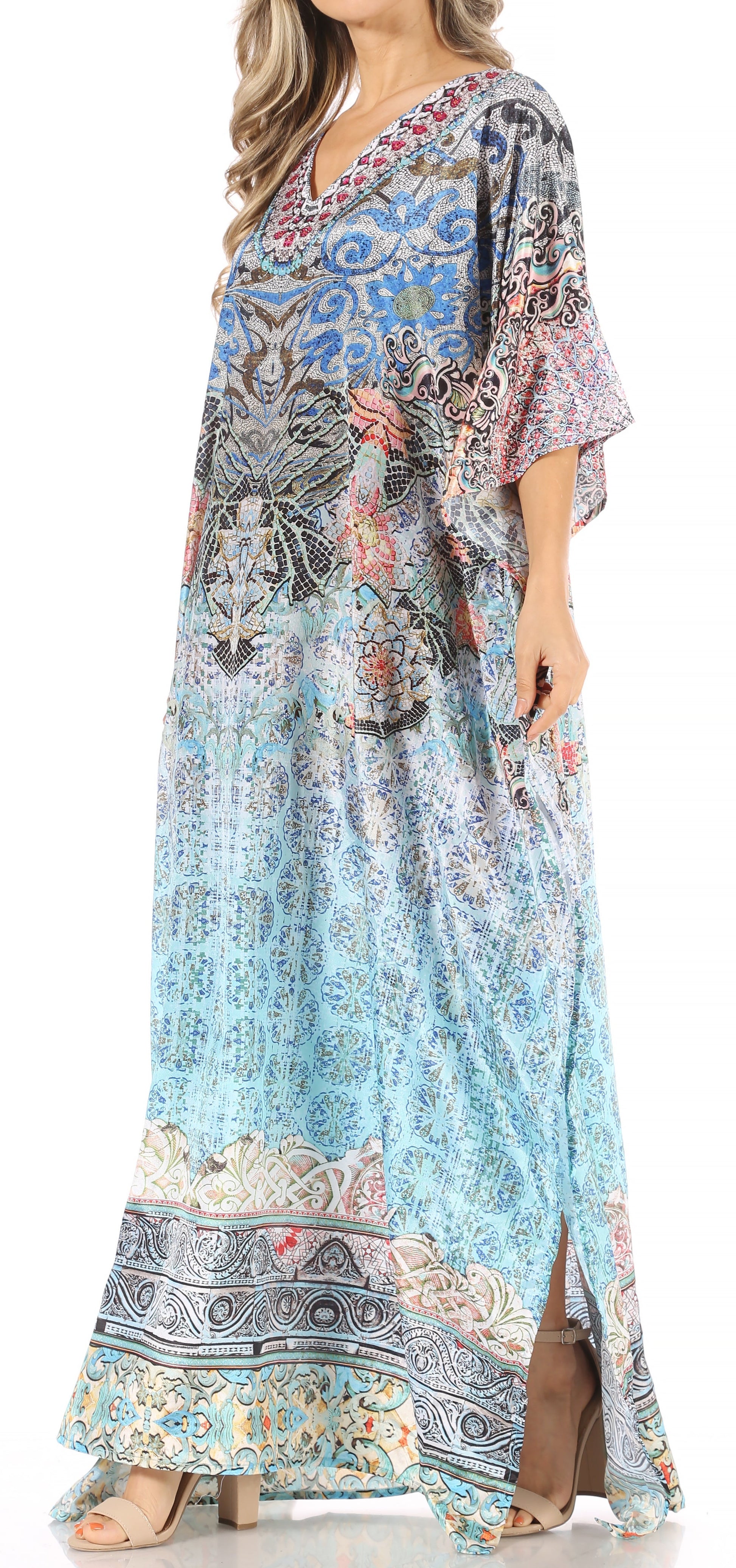 Sakkas Anahi Flowy Design V Neck Long Caftan Dress / Cover Up With Rhinestone - Concordia Style Boutique
