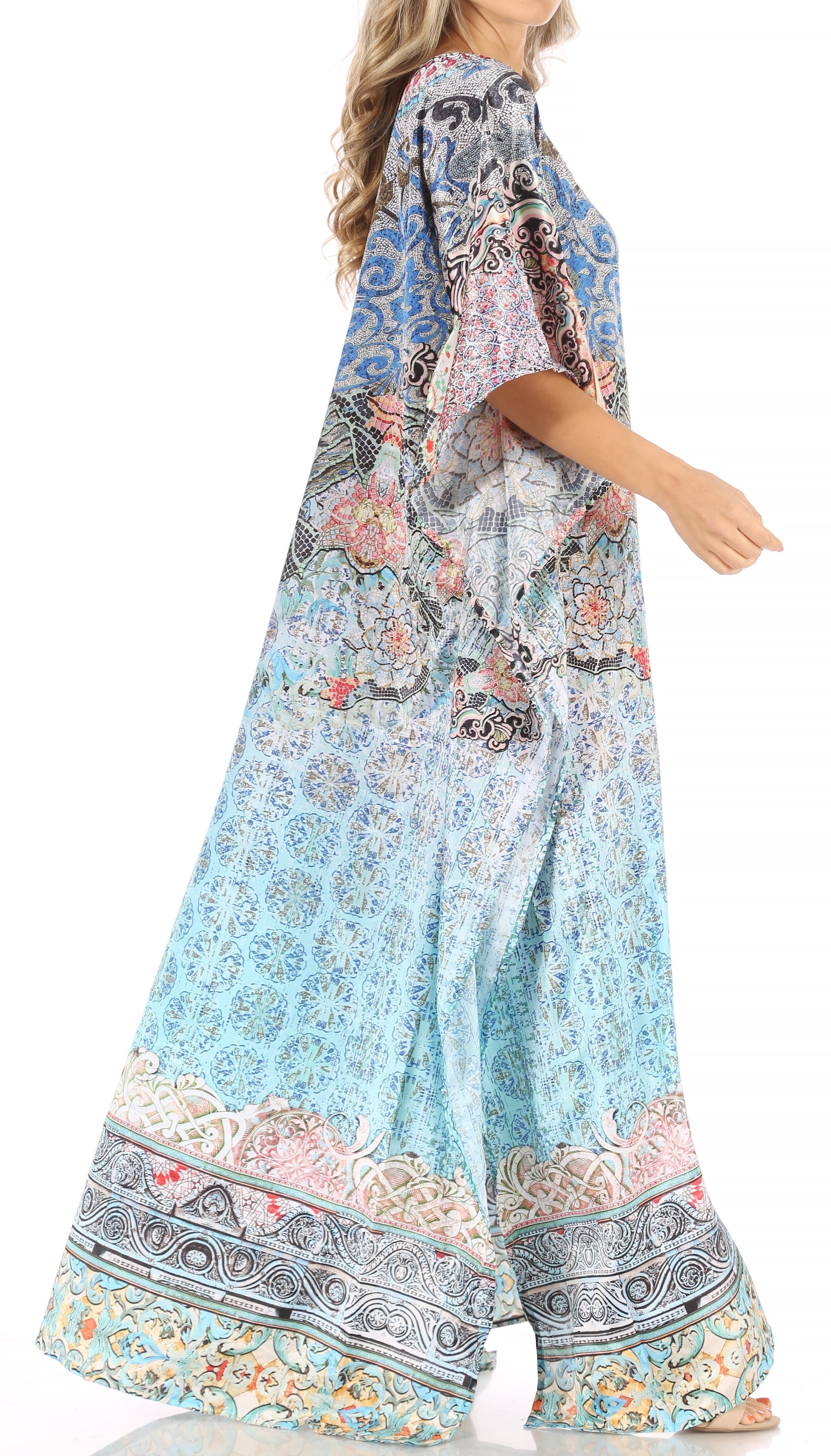 Sakkas Anahi Flowy Design V Neck Long Caftan Dress / Cover Up With Rhinestone - Concordia Style Boutique