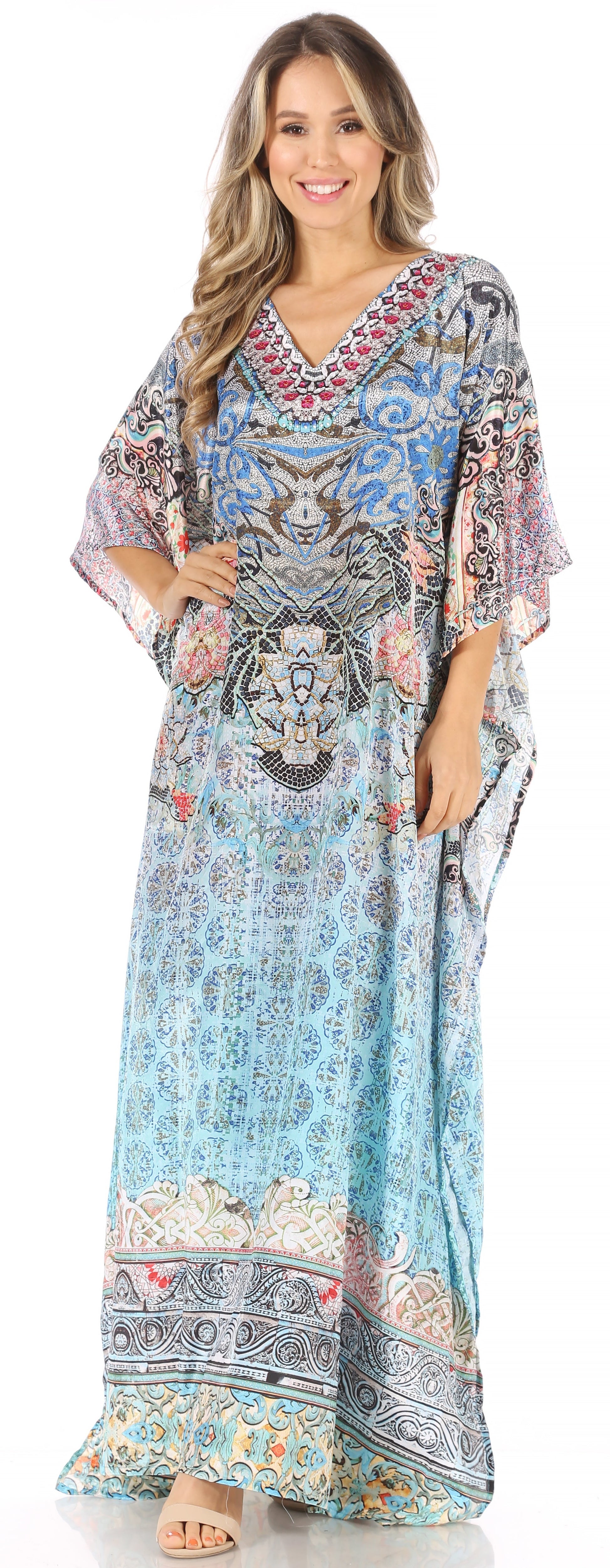 Sakkas Anahi Flowy Design V Neck Long Caftan Dress / Cover Up With Rhinestone - Concordia Style Boutique