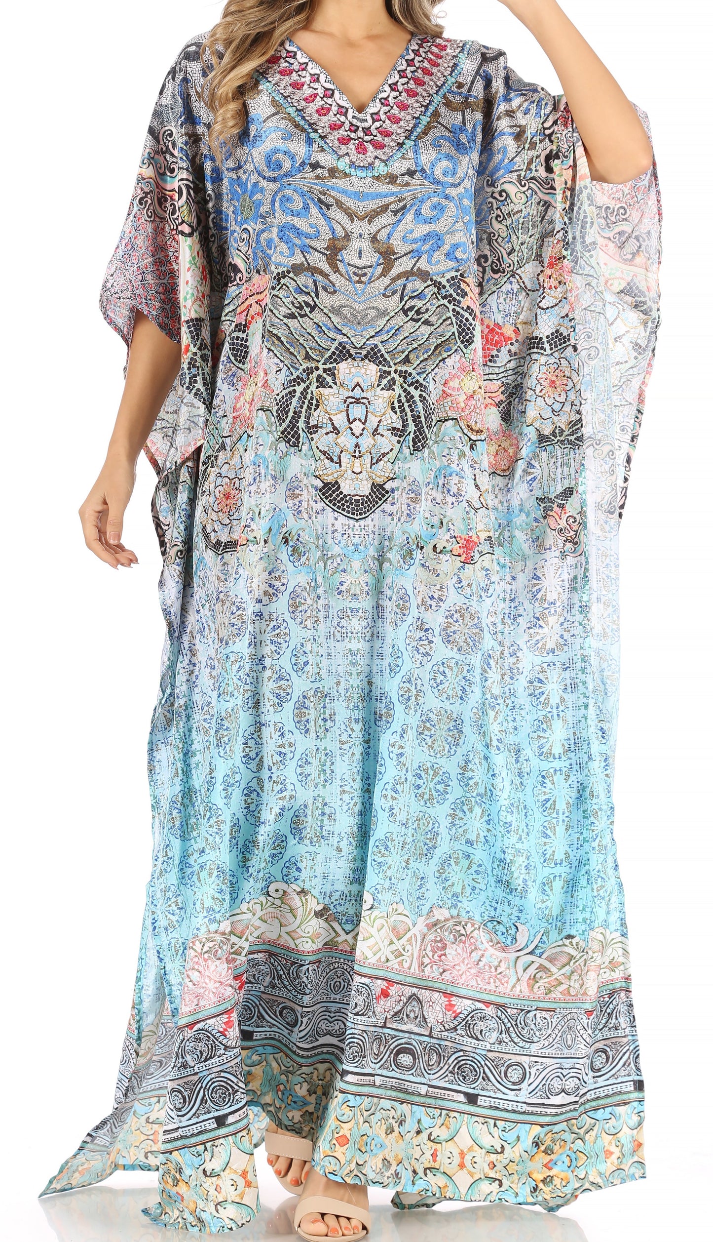 Sakkas Anahi Flowy Design V Neck Long Caftan Dress / Cover Up With Rhinestone - Concordia Style Boutique