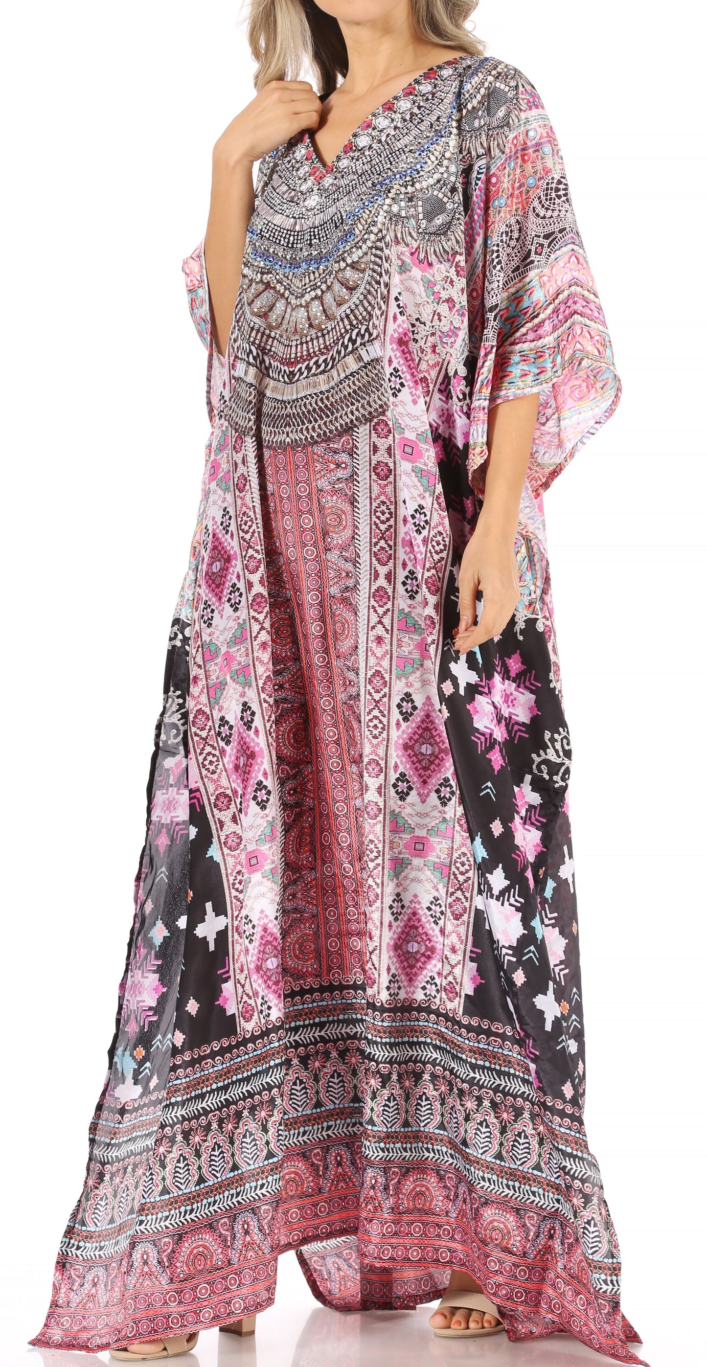 Sakkas Anahi Flowy Design V Neck Long Caftan Dress / Cover Up With Rhinestone - Concordia Style Boutique