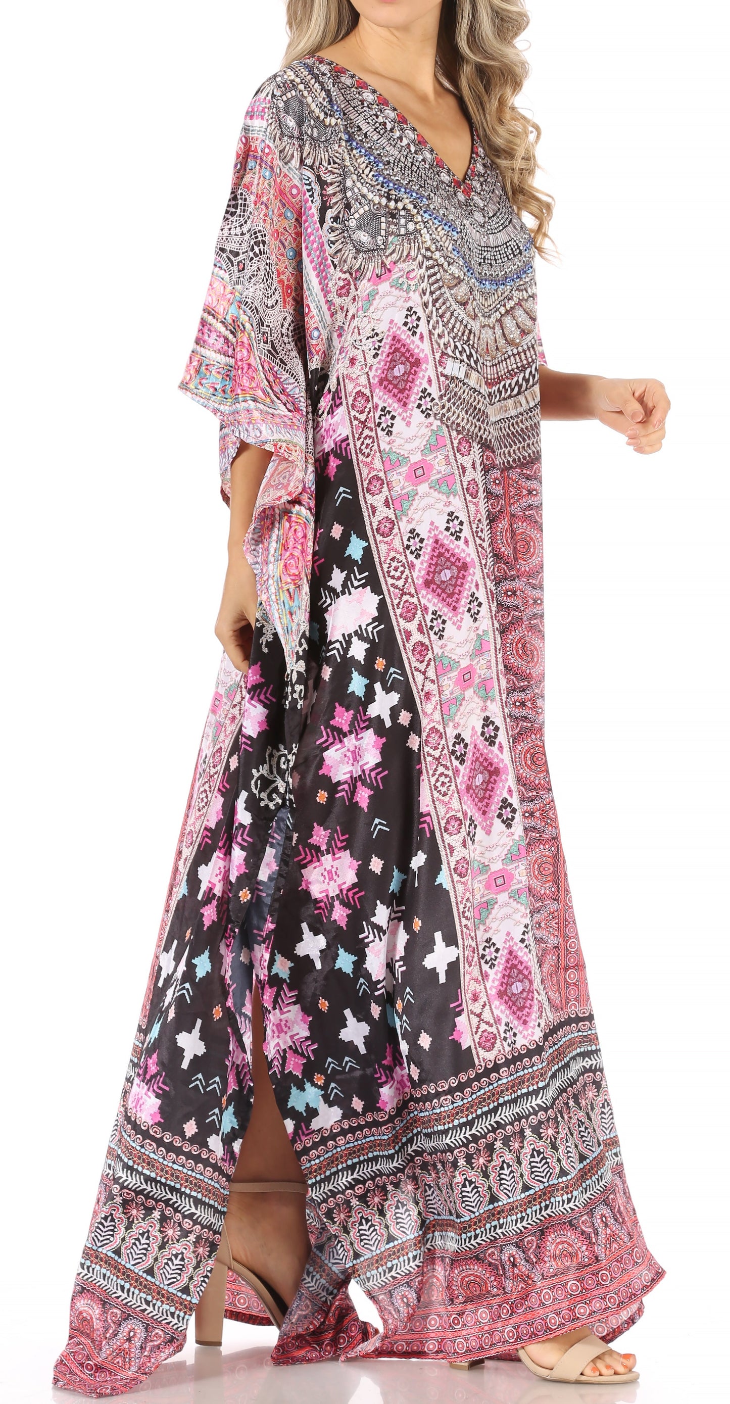 Sakkas Anahi Flowy Design V Neck Long Caftan Dress / Cover Up With Rhinestone - Concordia Style Boutique
