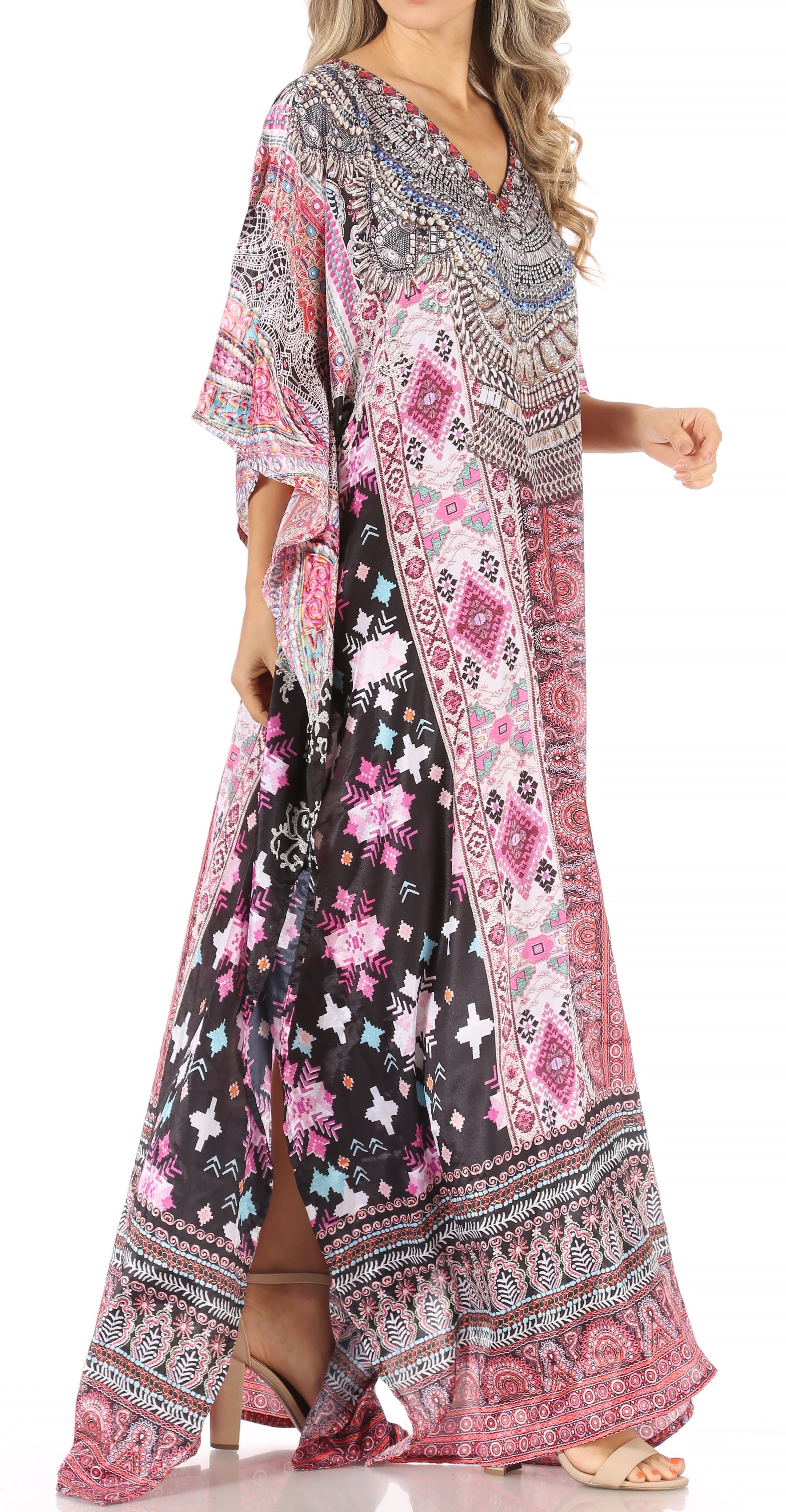 Sakkas Anahi Flowy Design V Neck Long Caftan Dress / Cover Up With Rhinestone - Concordia Style Boutique