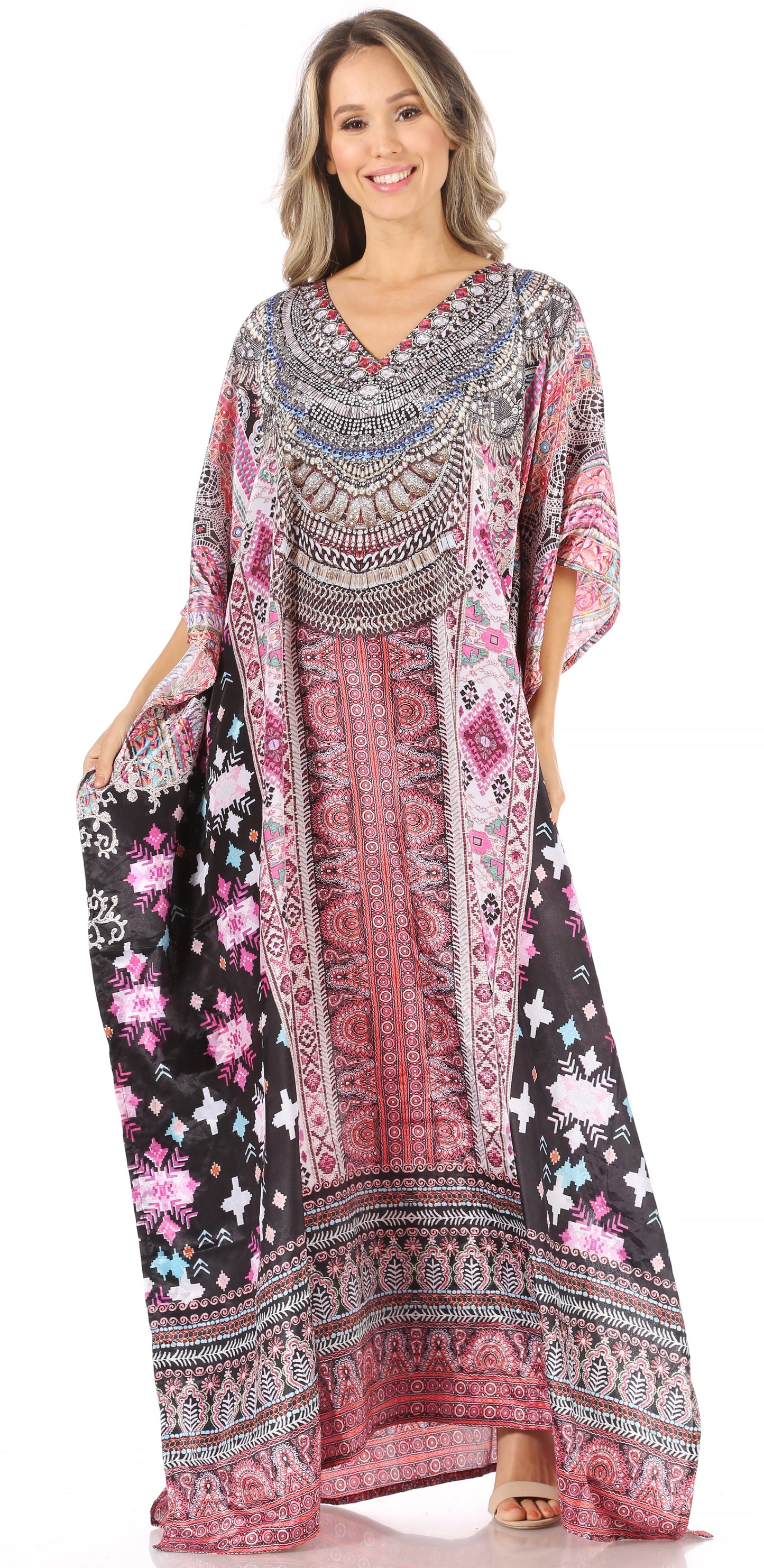 Sakkas Anahi Flowy Design V Neck Long Caftan Dress / Cover Up With Rhinestone - Concordia Style Boutique