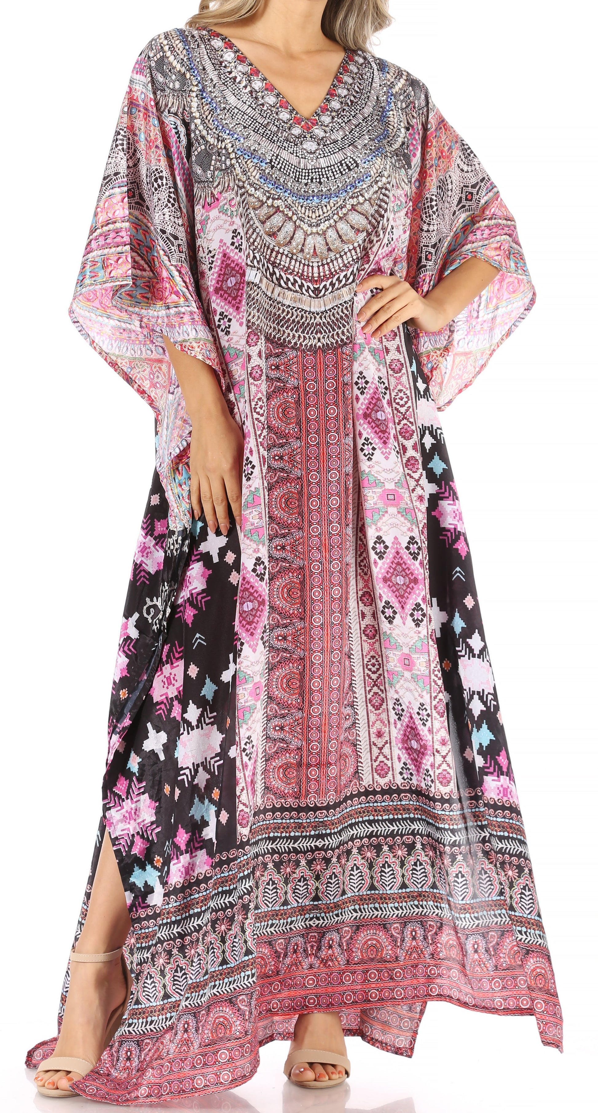 Sakkas Anahi Flowy Design V Neck Long Caftan Dress / Cover Up With Rhinestone - Concordia Style Boutique