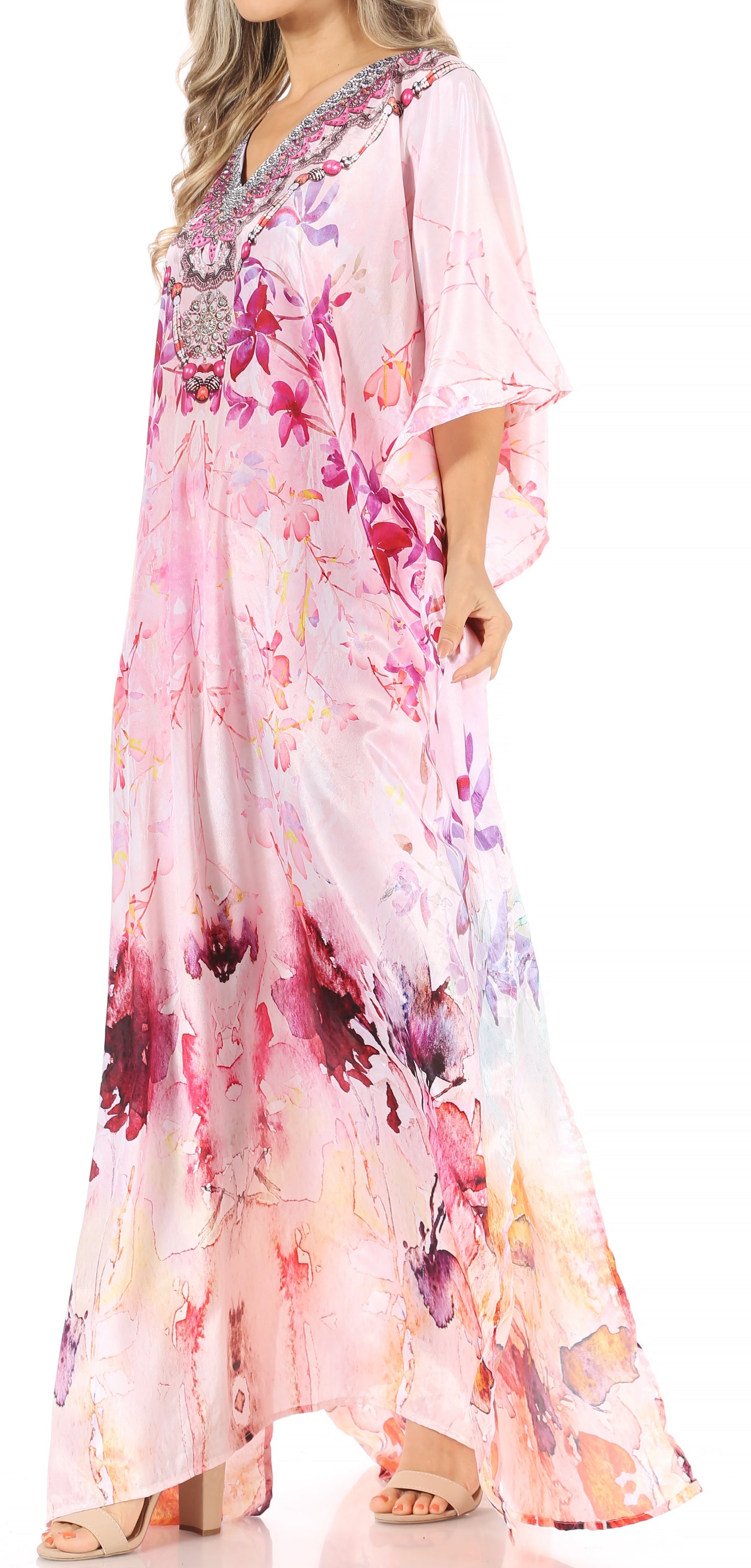 Sakkas Anahi Flowy Design V Neck Long Caftan Dress / Cover Up With Rhinestone - Concordia Style Boutique