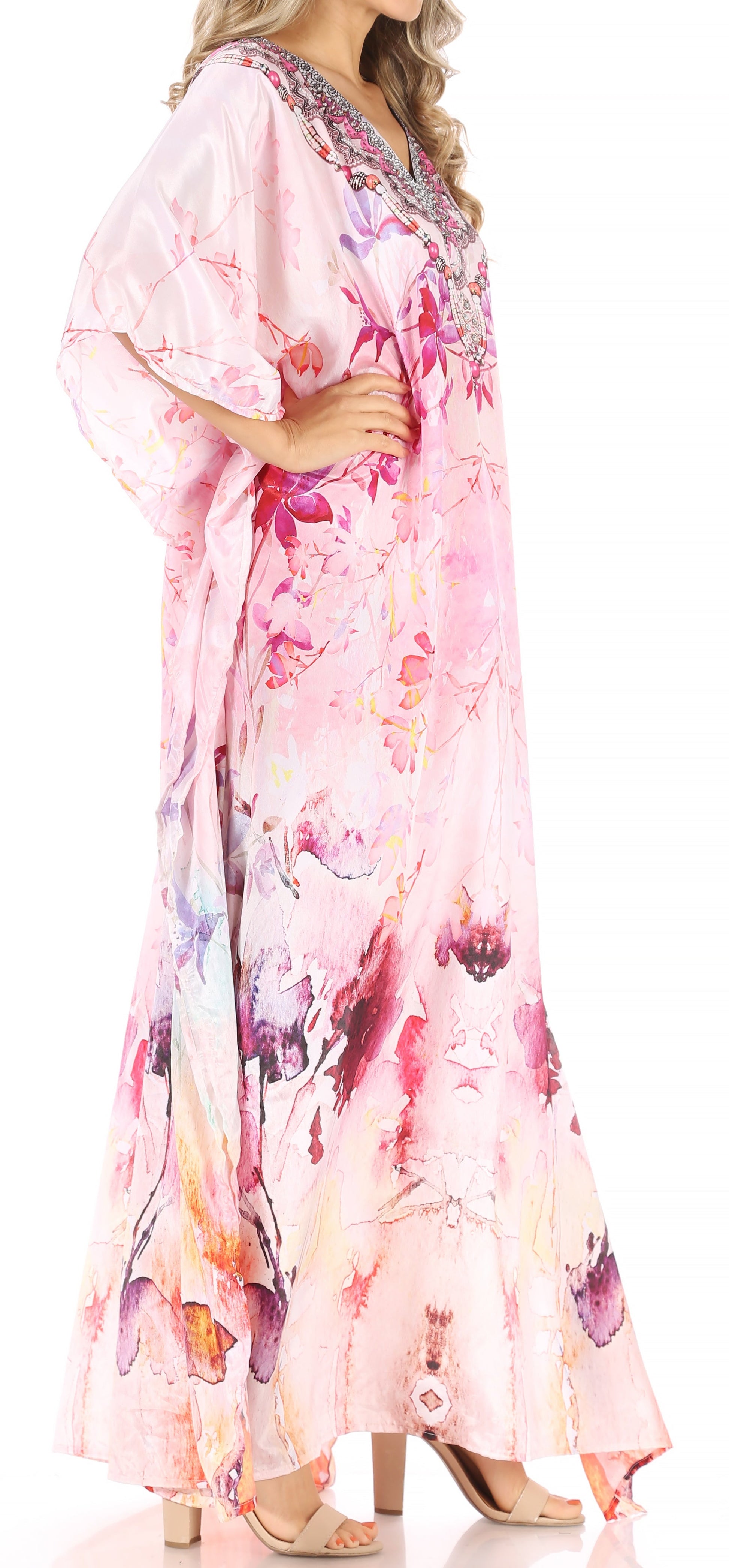 Sakkas Anahi Flowy Design V Neck Long Caftan Dress / Cover Up With Rhinestone - Concordia Style Boutique