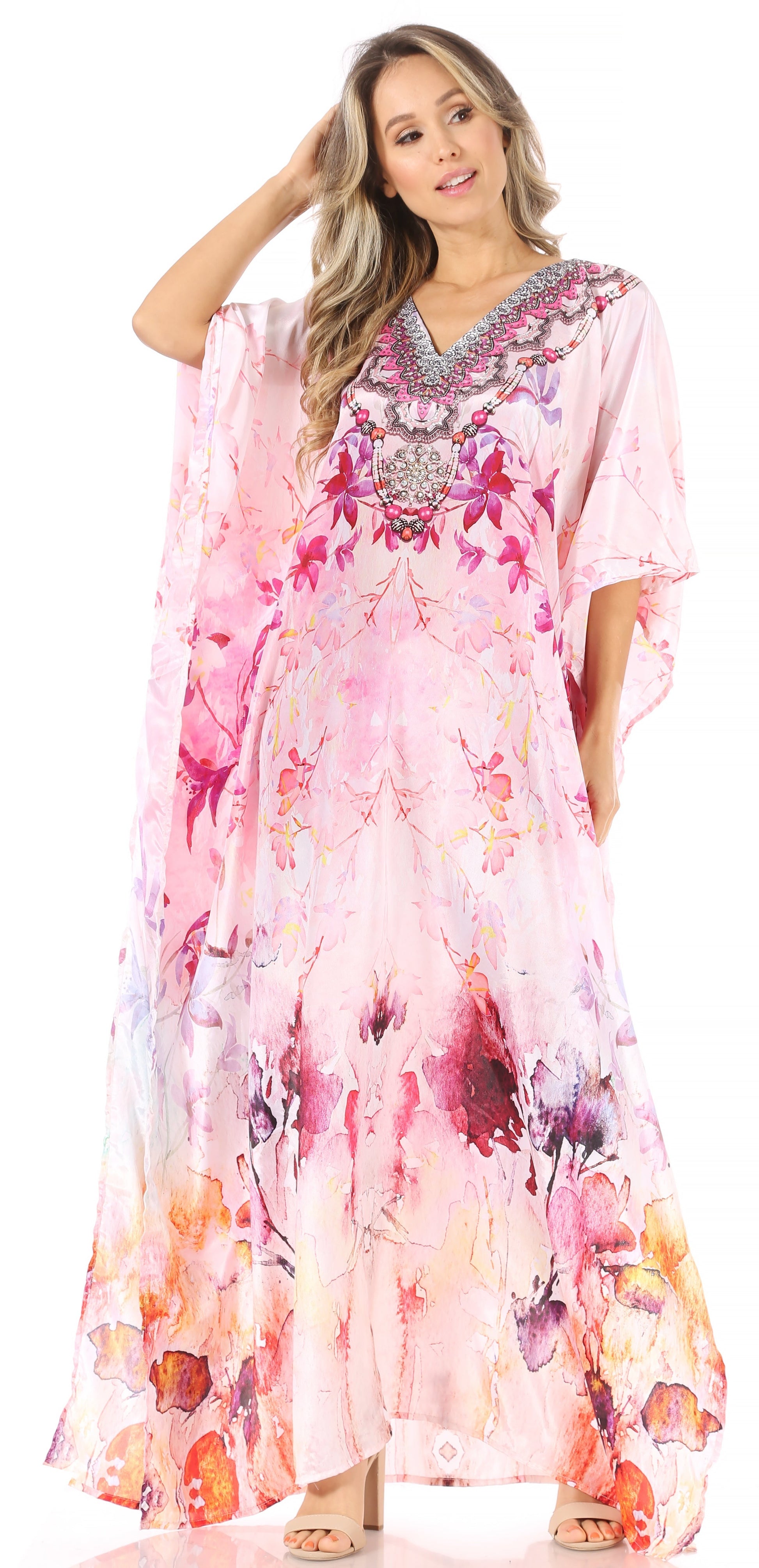 Sakkas Anahi Flowy Design V Neck Long Caftan Dress / Cover Up With Rhinestone - Concordia Style Boutique