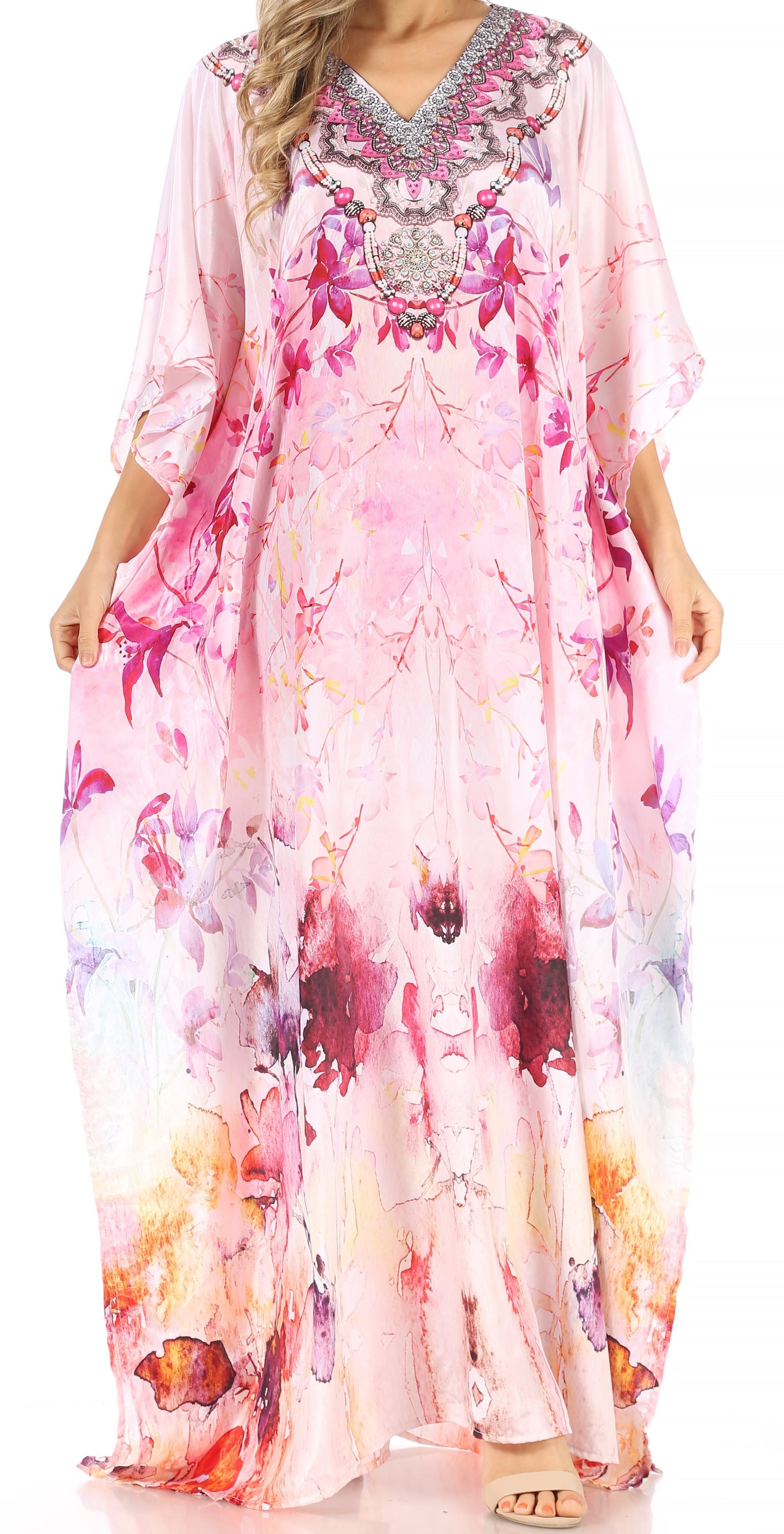 Sakkas Anahi Flowy Design V Neck Long Caftan Dress / Cover Up With Rhinestone - Concordia Style Boutique
