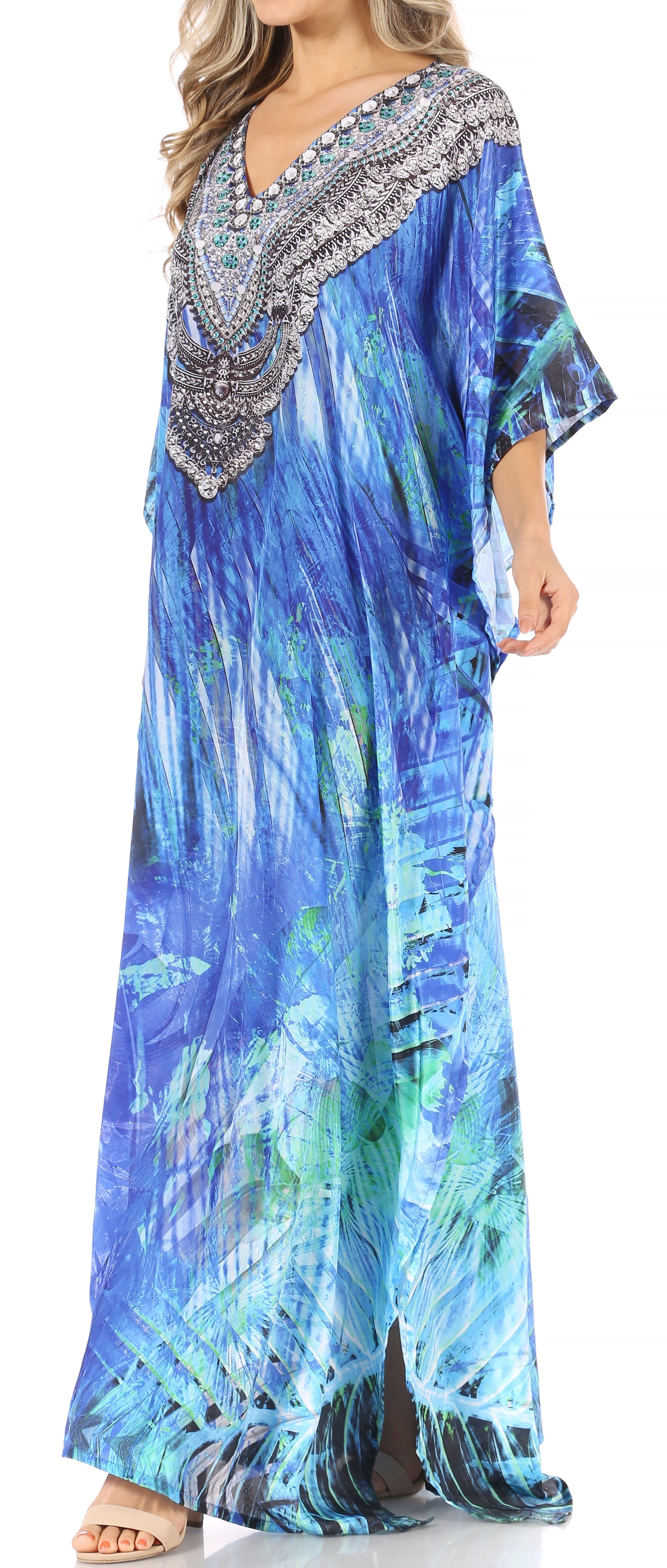 Sakkas Anahi Flowy Design V Neck Long Caftan Dress / Cover Up With Rhinestone - Concordia Style Boutique