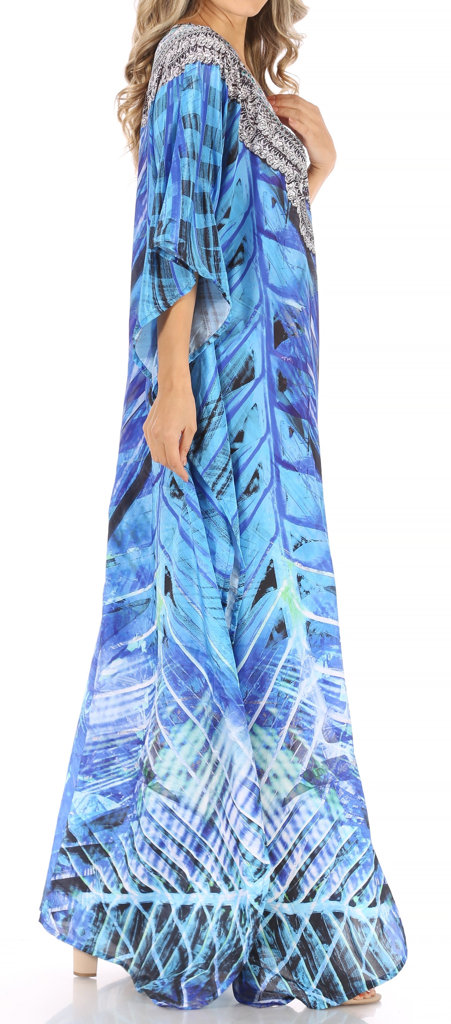 Sakkas Anahi Flowy Design V Neck Long Caftan Dress / Cover Up With Rhinestone - Concordia Style Boutique