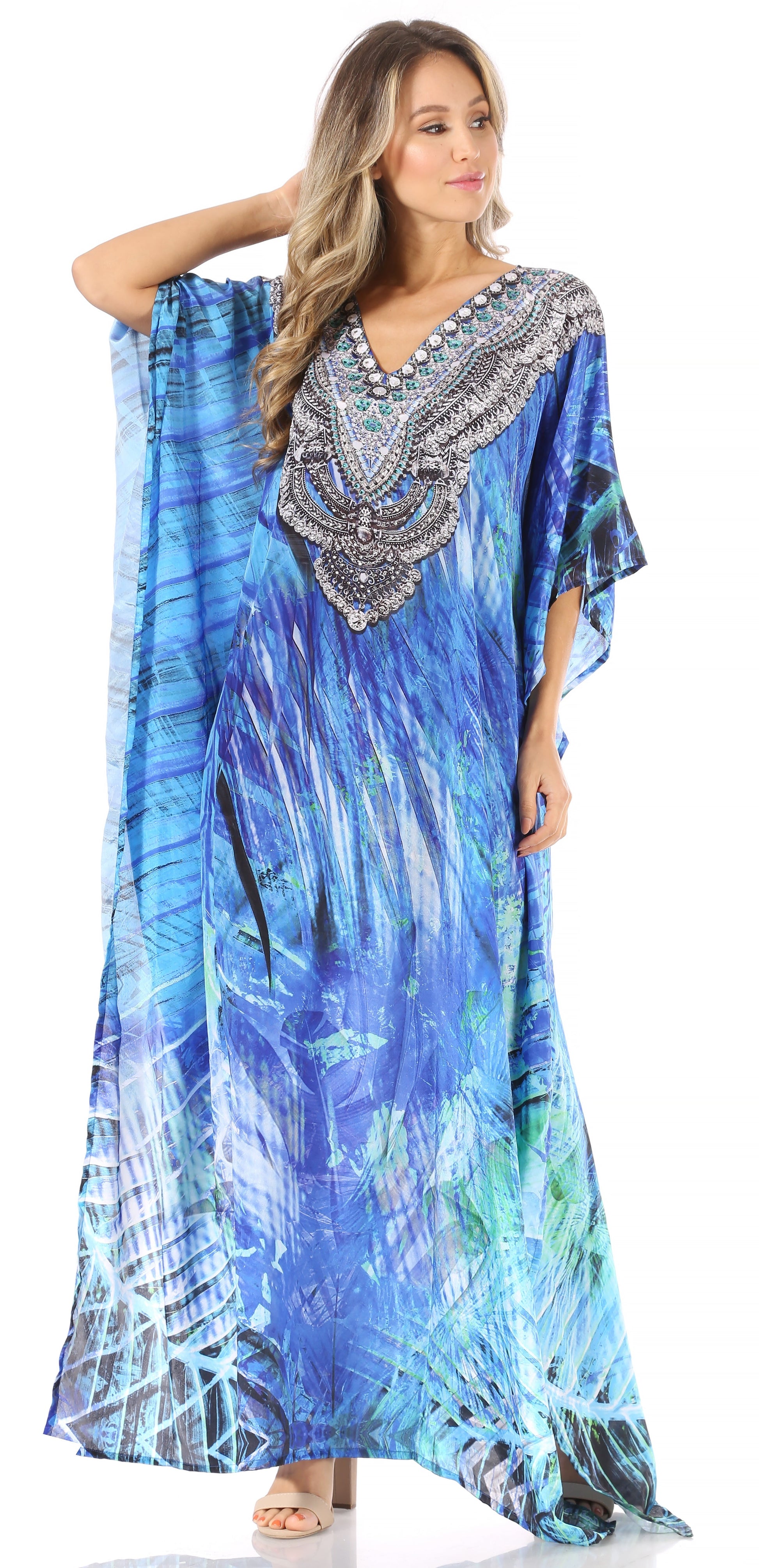 Sakkas Anahi Flowy Design V Neck Long Caftan Dress / Cover Up With Rhinestone - Concordia Style Boutique
