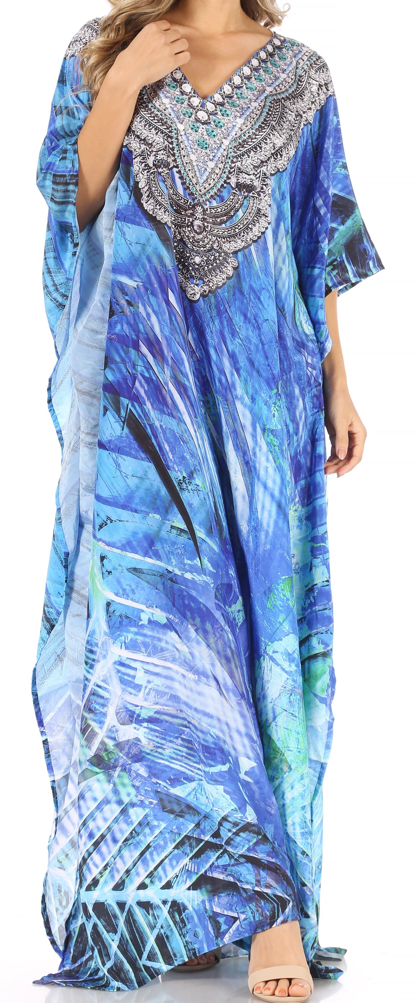 Sakkas Anahi Flowy Design V Neck Long Caftan Dress / Cover Up With Rhinestone - Concordia Style Boutique
