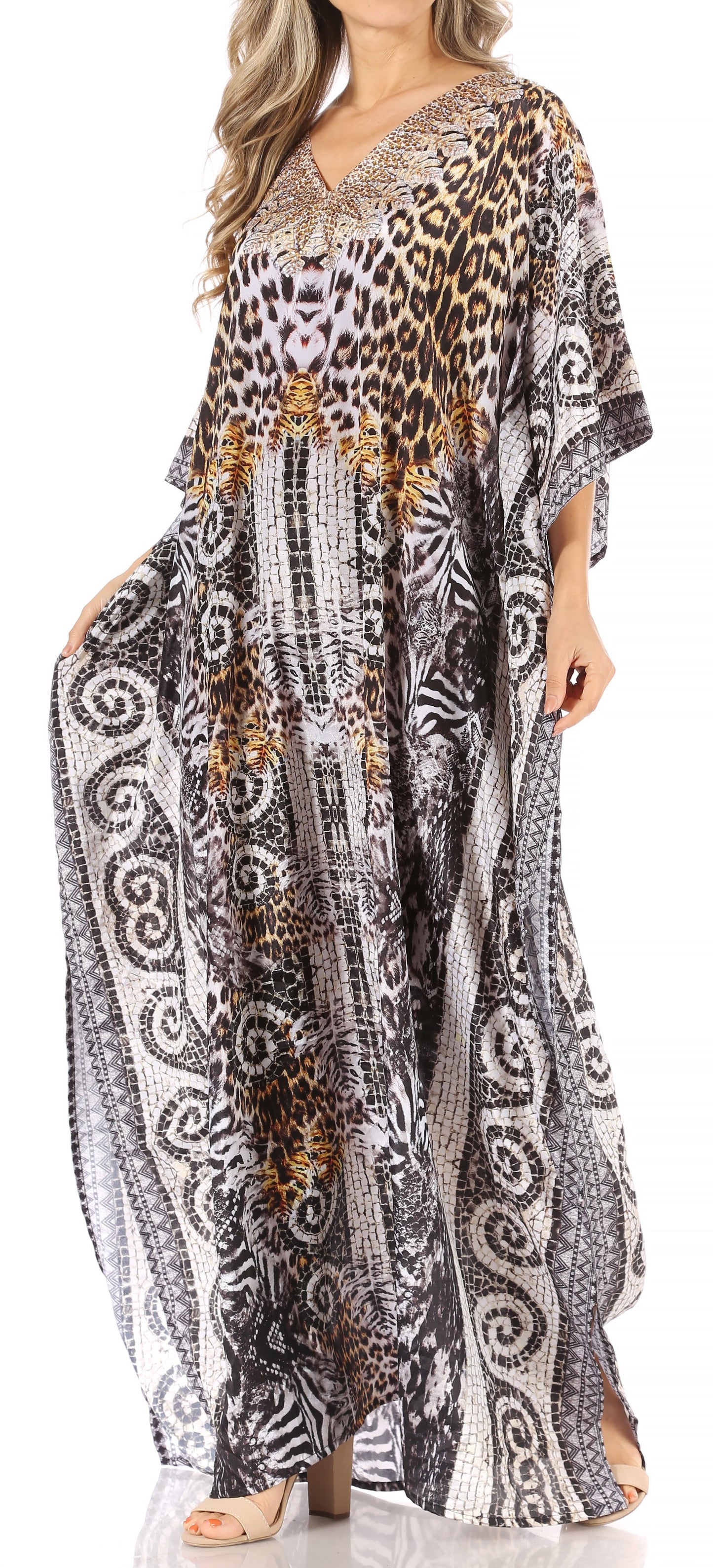 Sakkas Anahi Flowy Design V Neck Long Caftan Dress / Cover Up With Rhinestone - Concordia Style Boutique