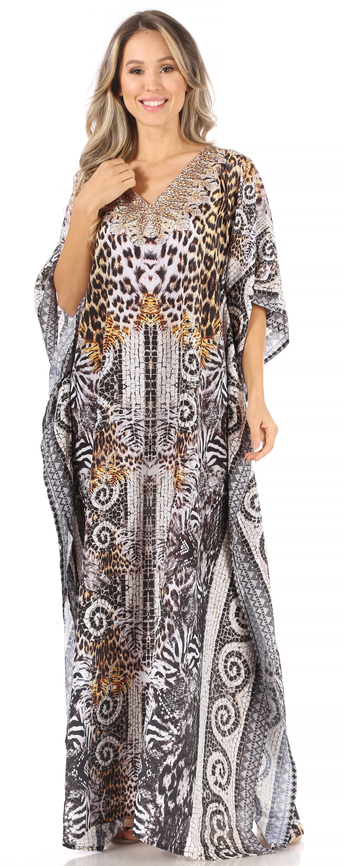 Sakkas Anahi Flowy Design V Neck Long Caftan Dress / Cover Up With Rhinestone - Concordia Style Boutique