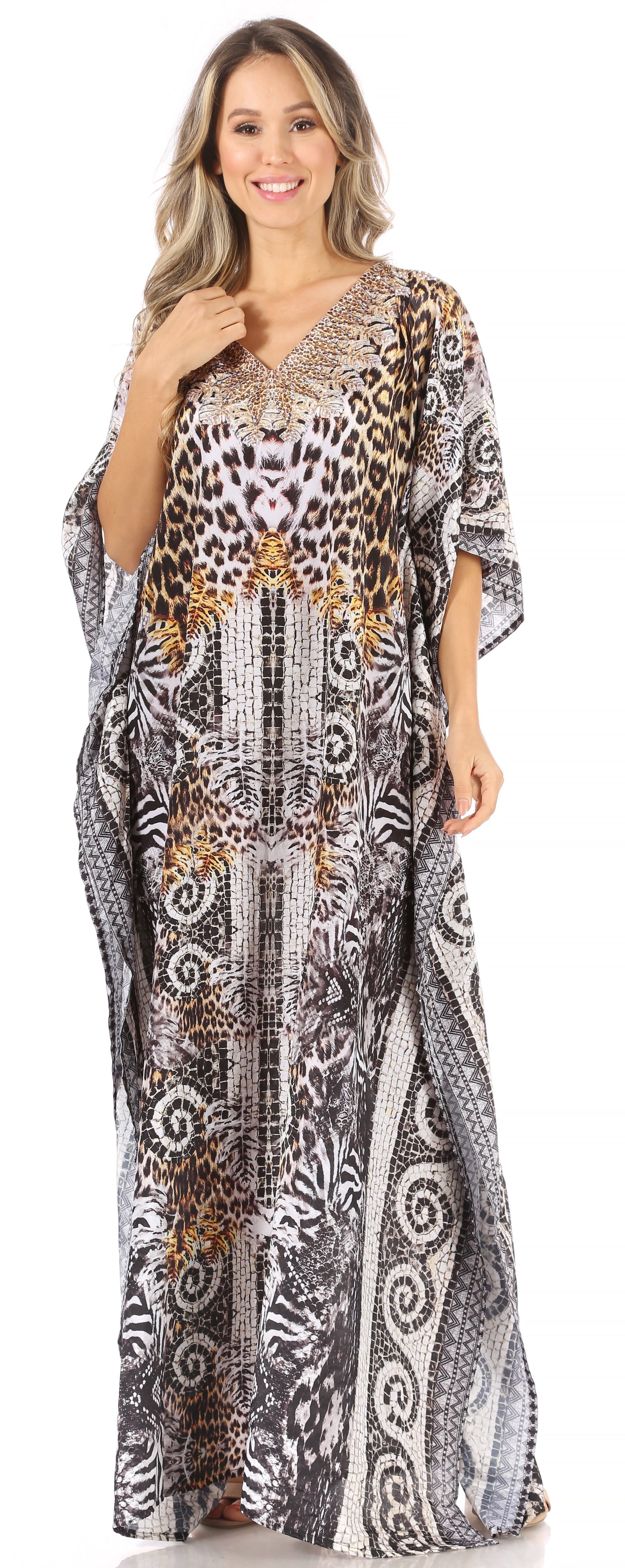 Sakkas Anahi Flowy Design V Neck Long Caftan Dress / Cover Up With Rhinestone - Concordia Style Boutique