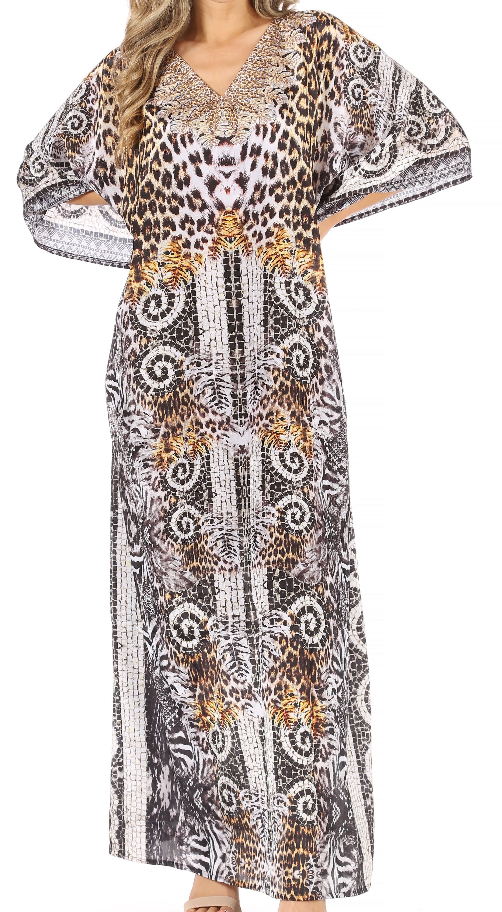 Sakkas Anahi Flowy Design V Neck Long Caftan Dress / Cover Up With Rhinestone - Concordia Style Boutique