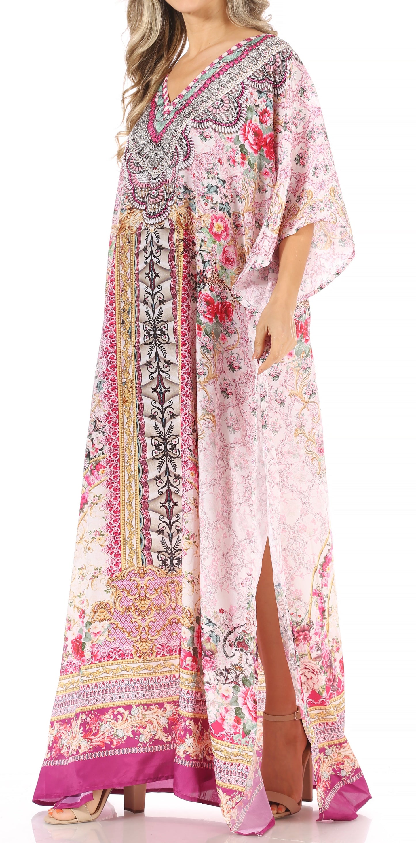 Sakkas Anahi Flowy Design V Neck Long Caftan Dress / Cover Up With Rhinestone - Concordia Style Boutique