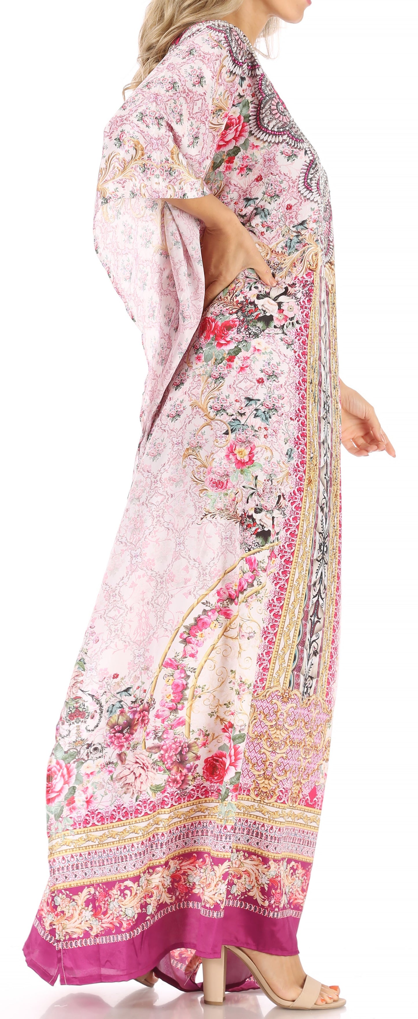 Sakkas Anahi Flowy Design V Neck Long Caftan Dress / Cover Up With Rhinestone - Concordia Style Boutique