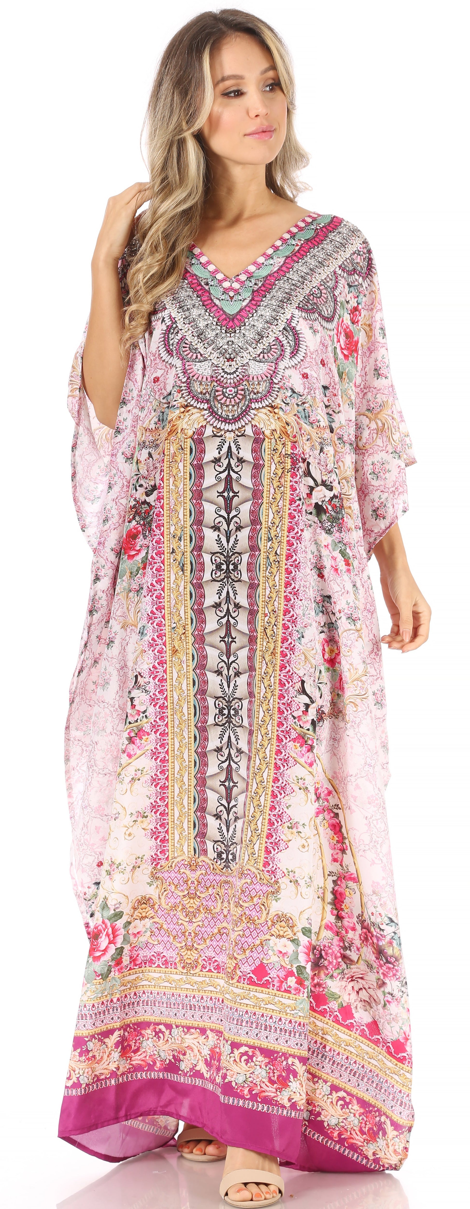 Sakkas Anahi Flowy Design V Neck Long Caftan Dress / Cover Up With Rhinestone - Concordia Style Boutique