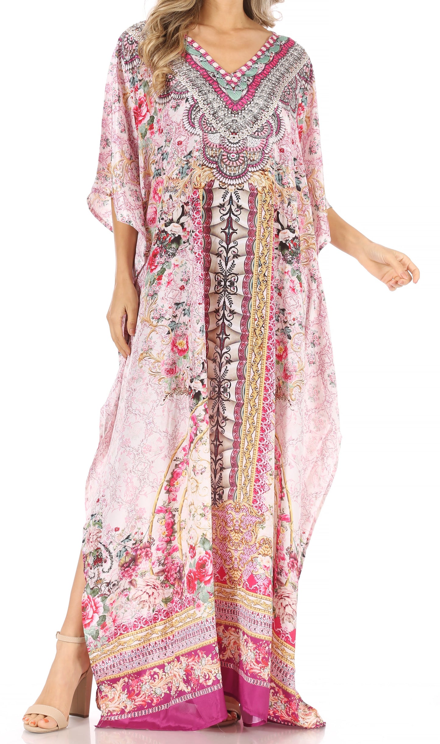 Sakkas Anahi Flowy Design V Neck Long Caftan Dress / Cover Up With Rhinestone - Concordia Style Boutique