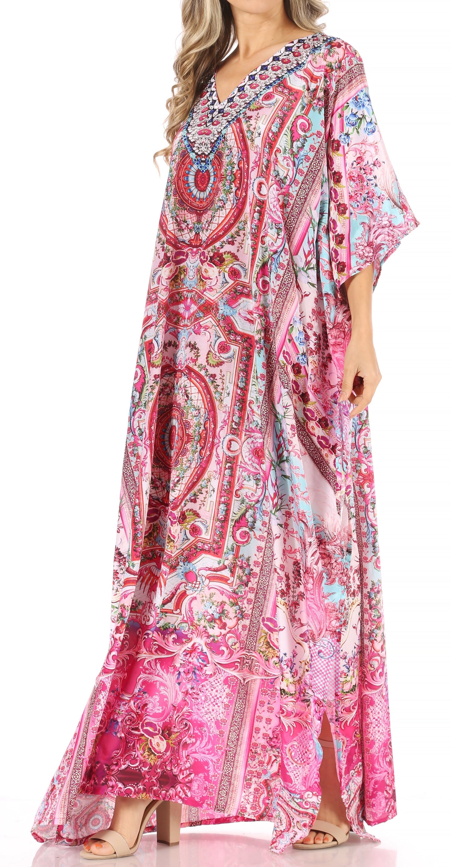 Sakkas Anahi Flowy Design V Neck Long Caftan Dress / Cover Up With Rhinestone - Concordia Style Boutique